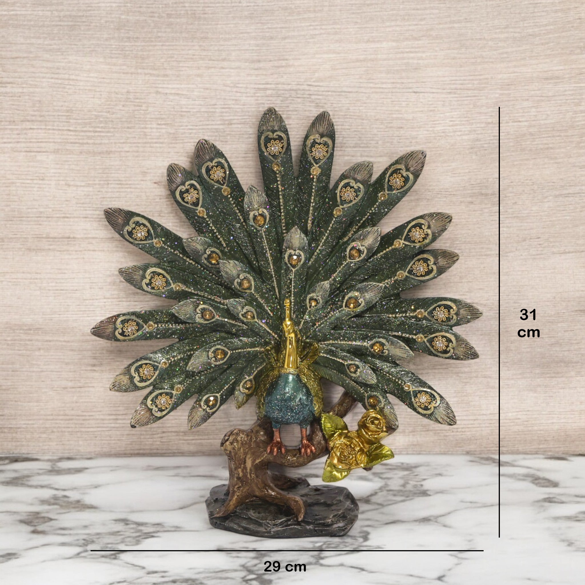 Ornate Peacock Sculpture with Crystal Fan | Traditional Art Statue | 31cm Premium Home Decor - Divine Dekor