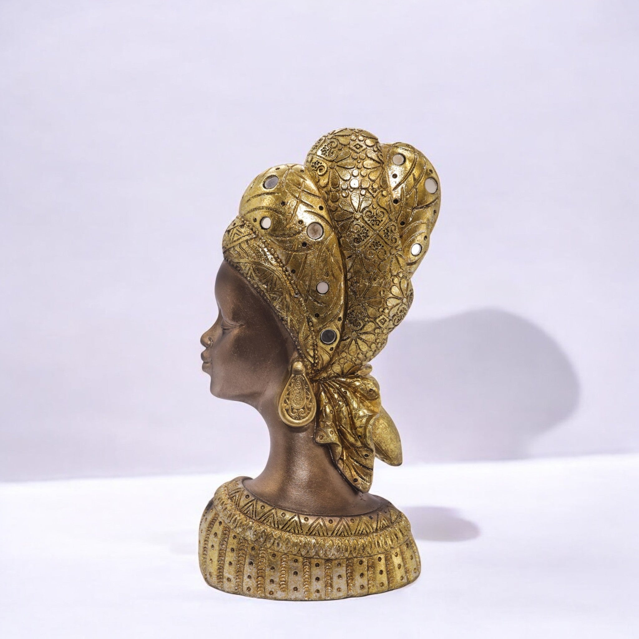 Divine Dekor’s African Queen Bust Sculpture | Golden Headdress Art Statue | 26cm Luxury Cultural Decor