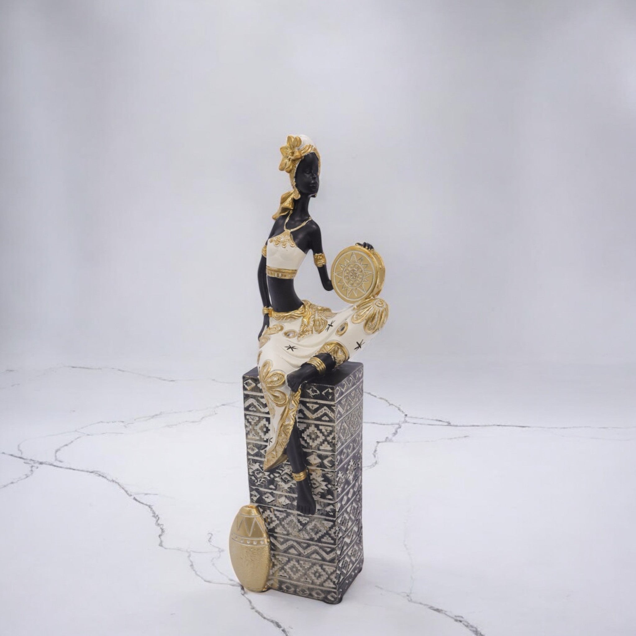 African Lady Sculpture with Water Pot | Black & Gold Art Statue | 32cm Luxury Cultural Decor - Divine Dekor