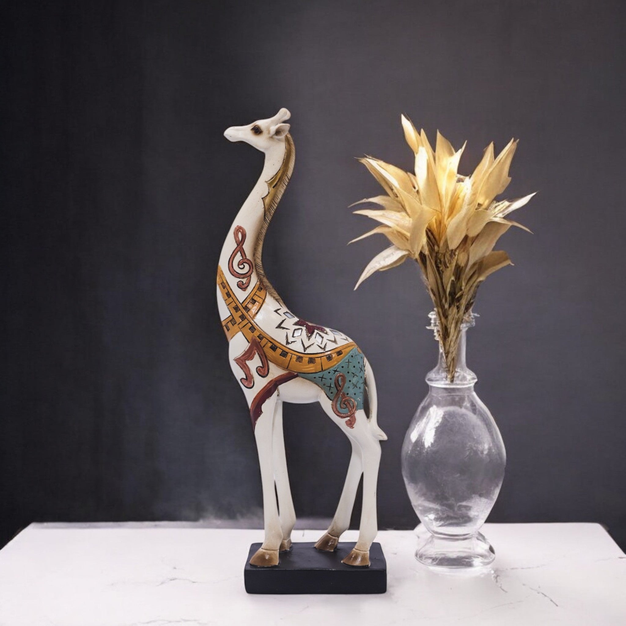 Bohemian Folk Art Giraffe | Hand-Painted White & Gold Sculpture | 33.5cm Decor