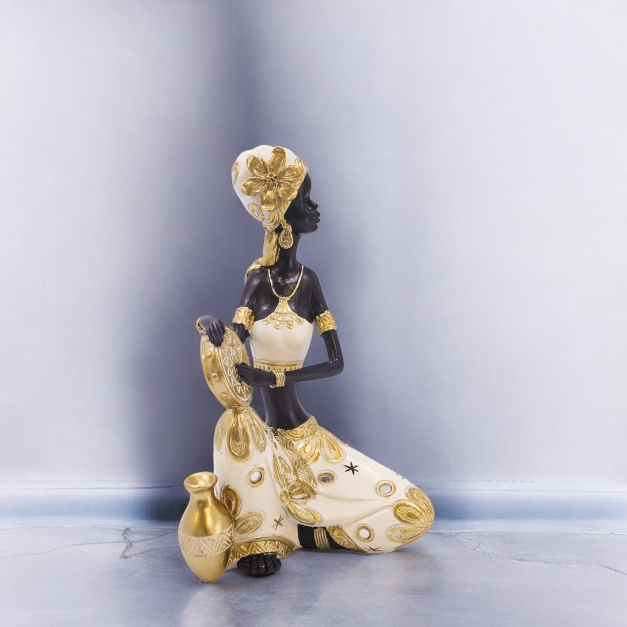 African Lady Figurine 22.5cm | Black & Gold Traditional Sculpture | Cultural Home Decor | Divine Dekor