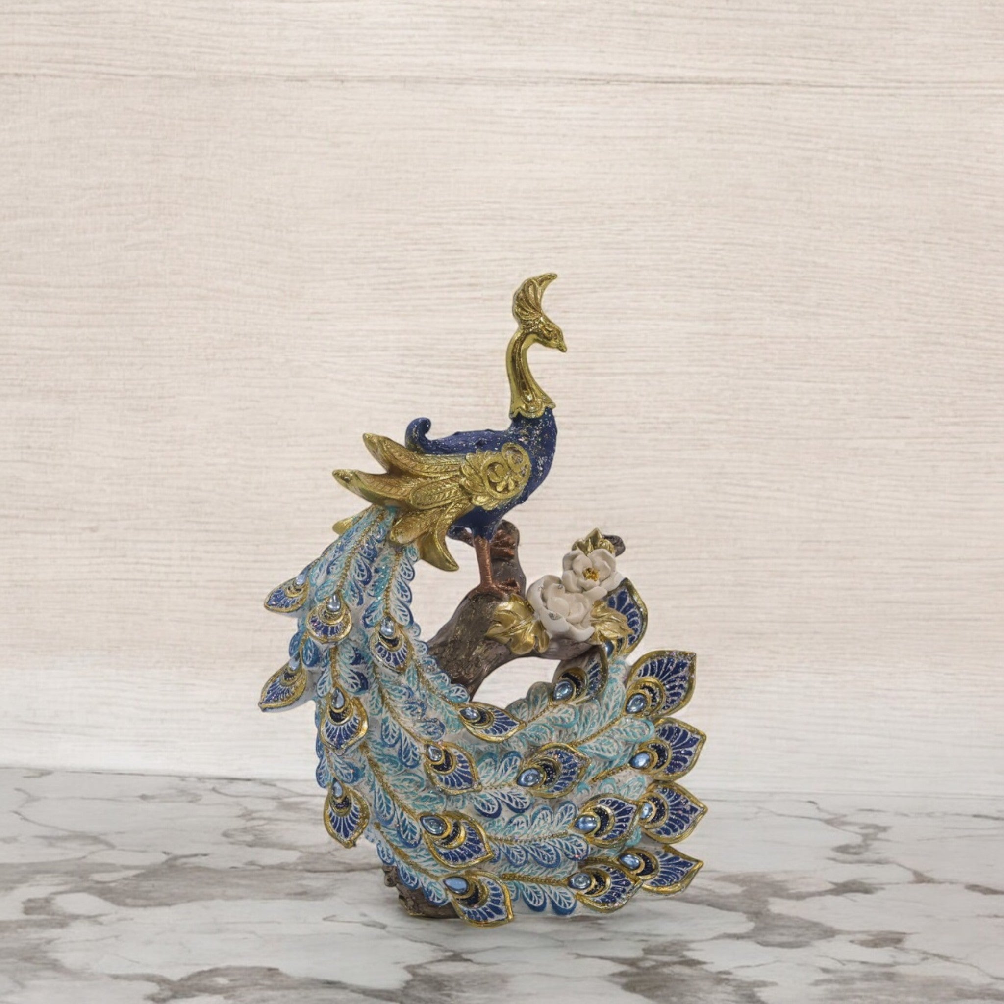 Luxury Aqua Peacock Sculpture | Crystal-Adorned Bird Figurine | 26cm Premium Home Decor - Divine Dekor