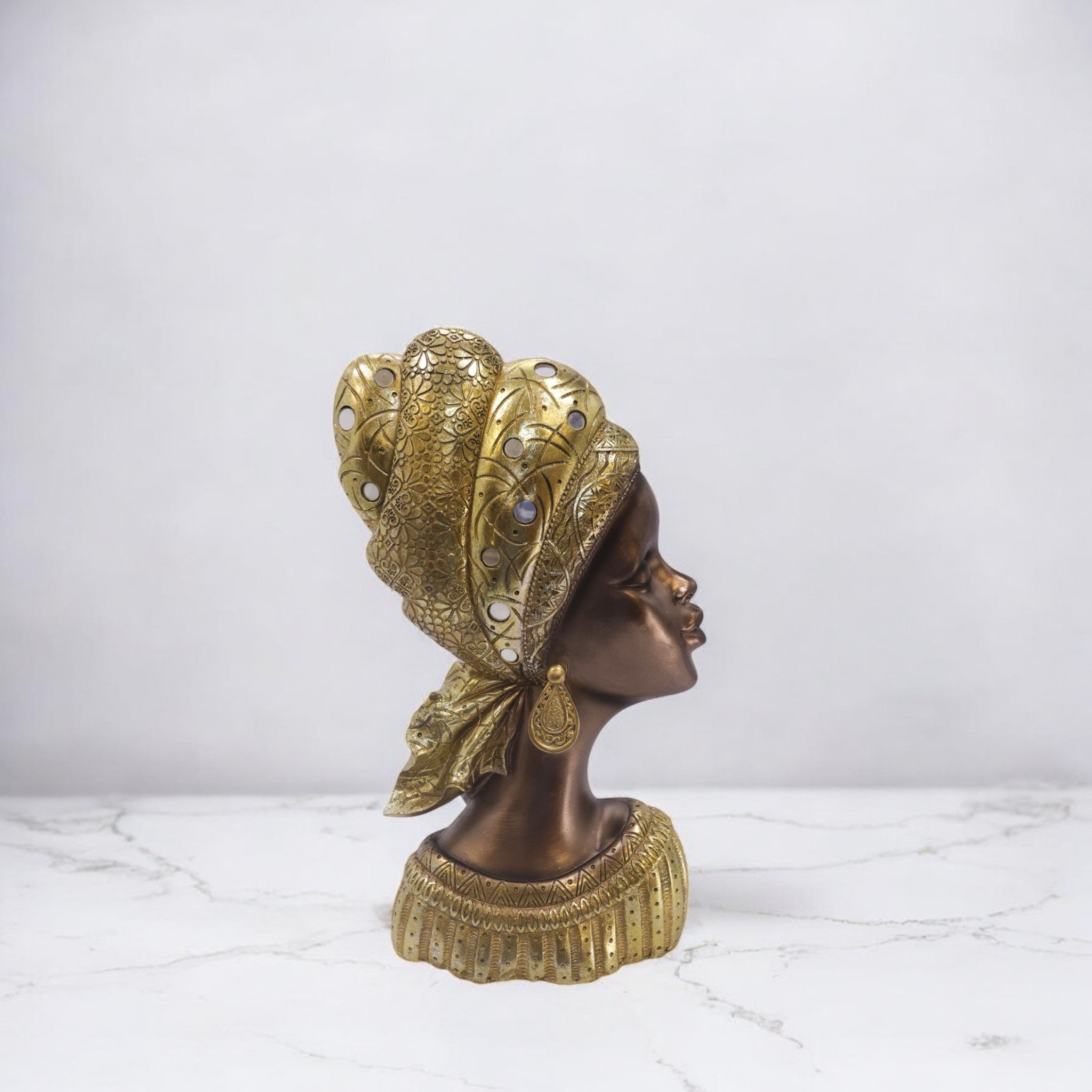 African Queen Bust Sculpture | Gold Headwrap Art Statue | 38.5cm Luxury Cultural Decor - Divine Dekor