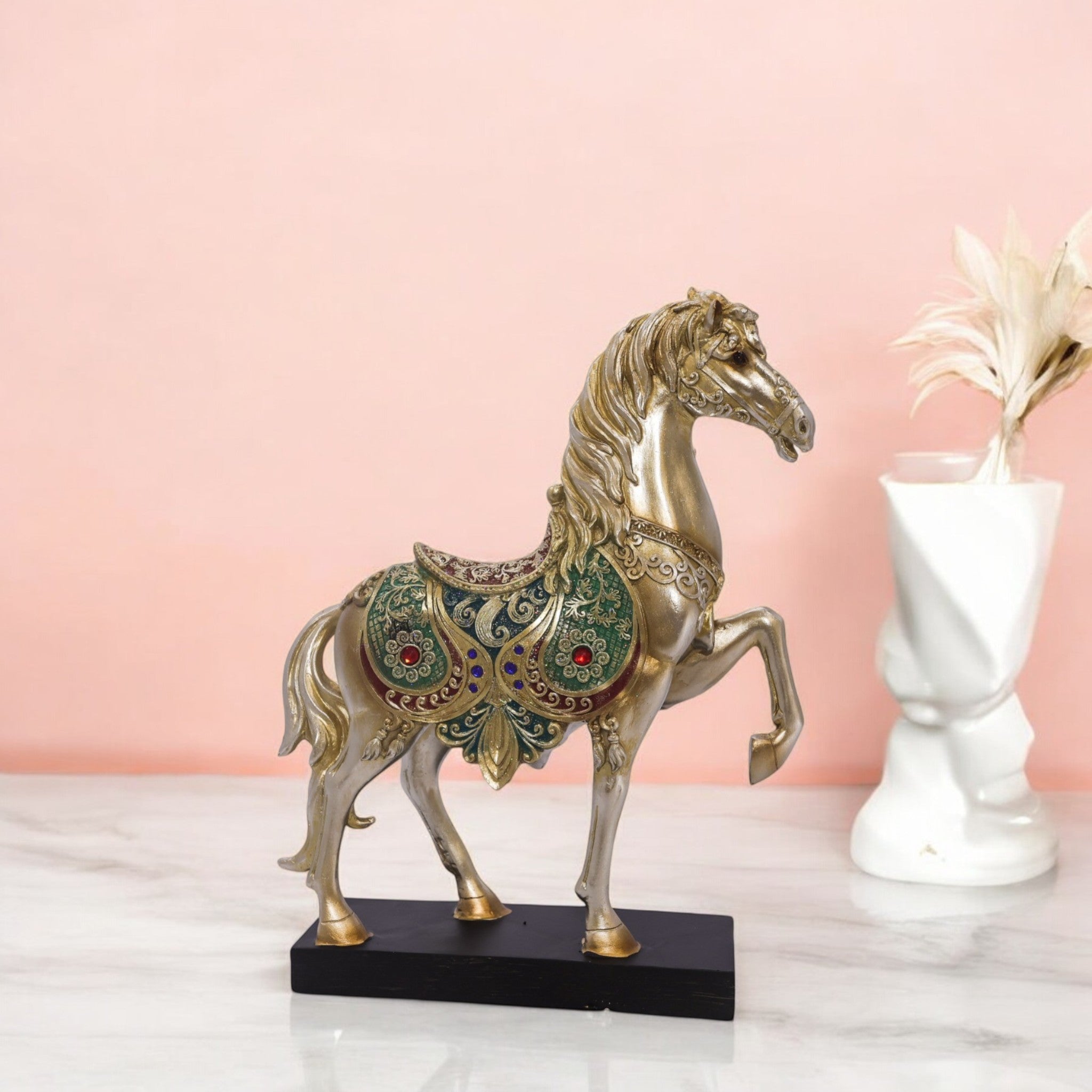 Luxury Golden Horse Statue with Emerald Crystal Accents | Elegant Home Decor Figurine | 31cm Royal Collection - Divine Dekor
