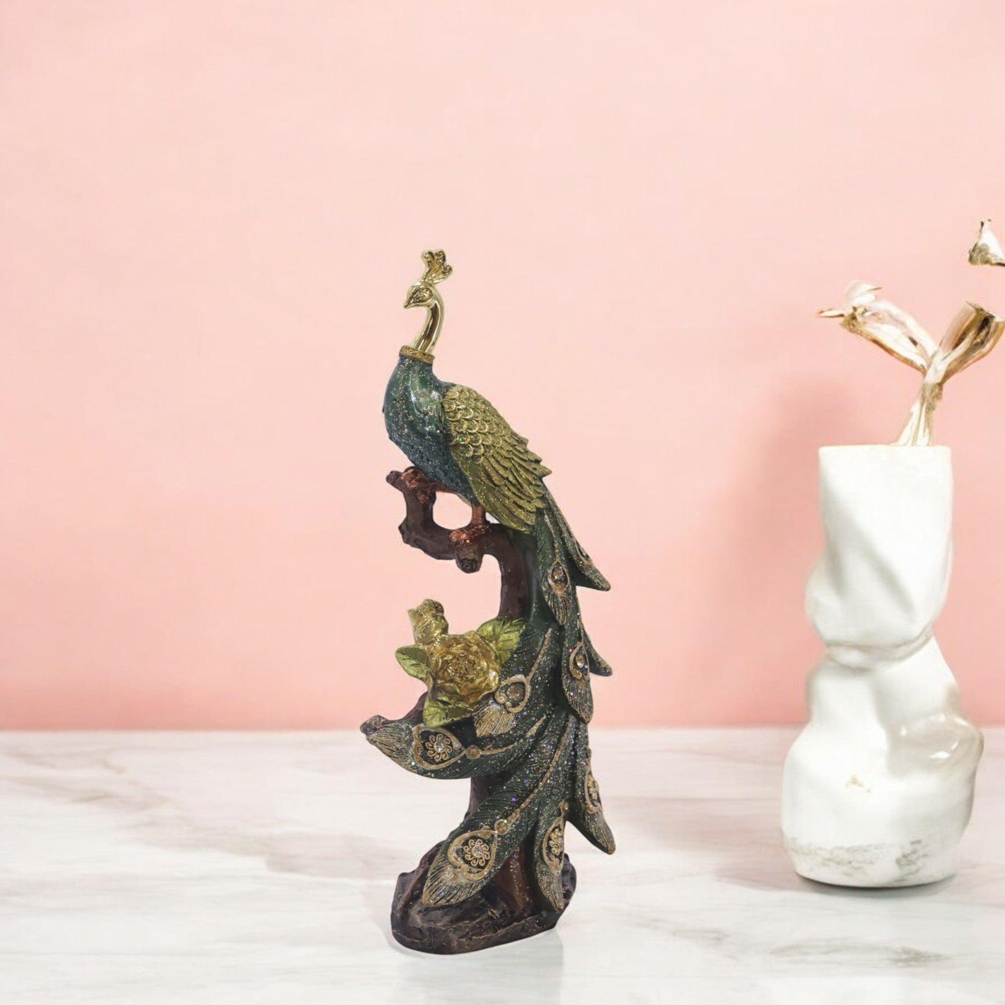 Regal Peacock Sculpture | Hand-Painted Luxury Home Decor | 28cm Decorative Bird Figurine - Divine Dekor