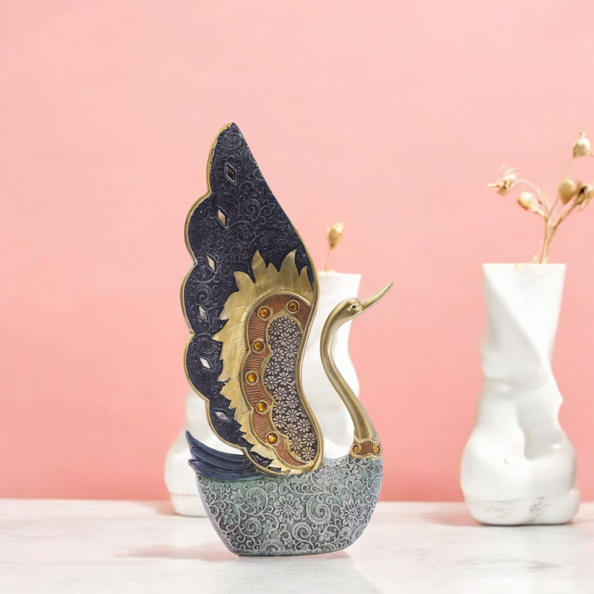 Elegant Swan Sculpture | Navy & Gold Art Statue with Crystal Base | 23cm Luxury Home Decor - Divine Dekor