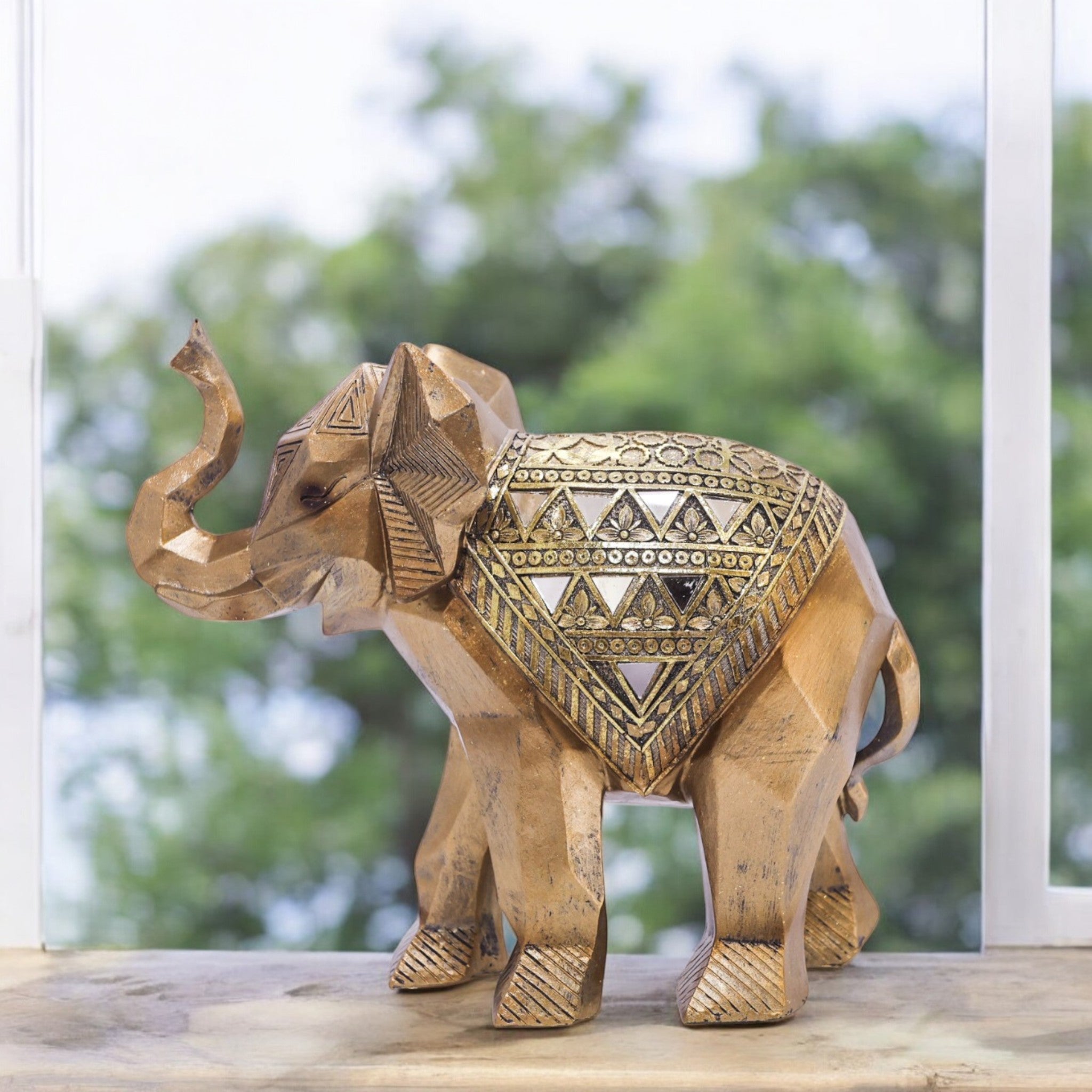 Royal Golden Elephant Sculpture | Geometric Art Decor | 26cm Prosperity Statue