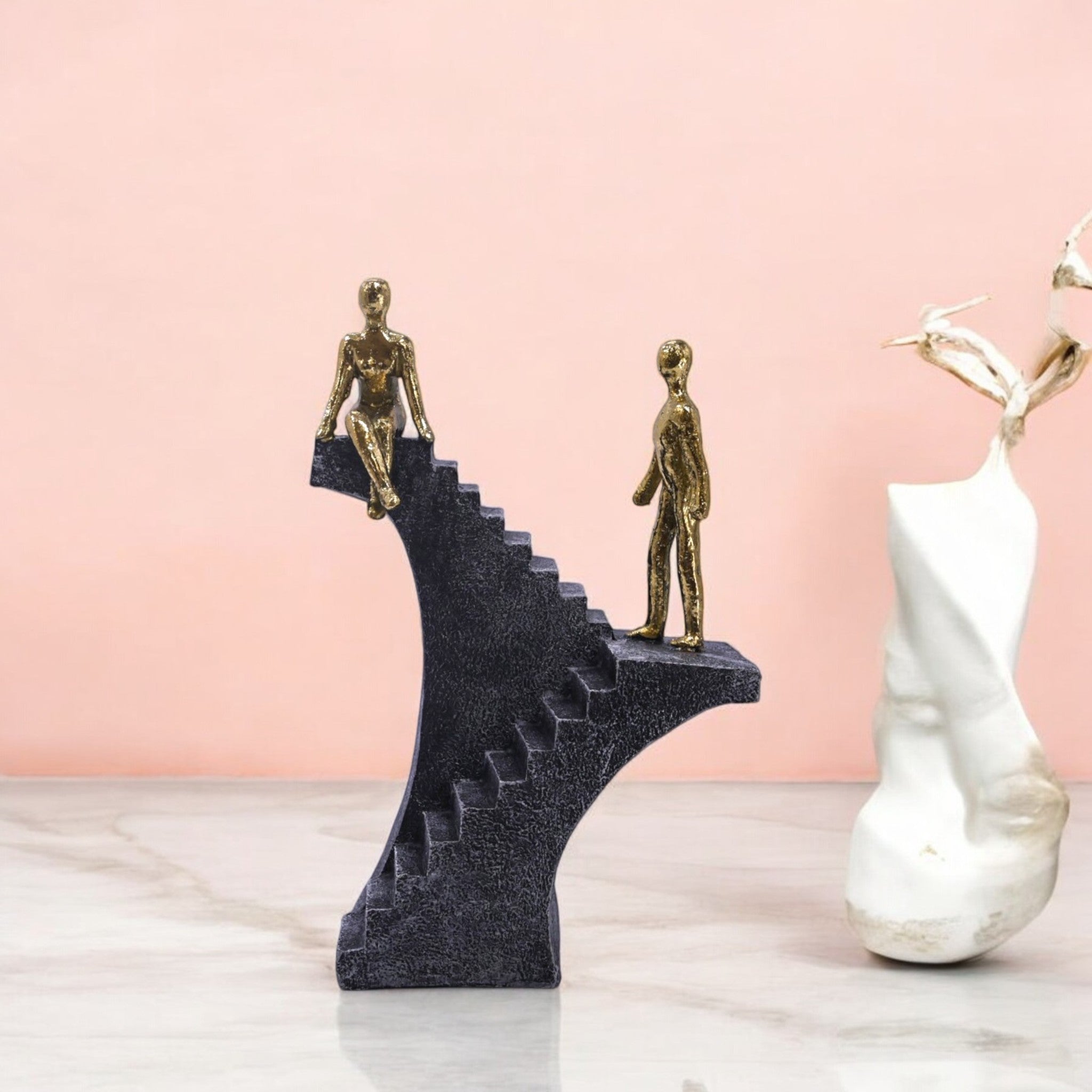 Ascending Figures Stairway Sculpture | Modern Grey & Gold Art Statue | 25cm Contemporary Home Decor - Divine Dekor