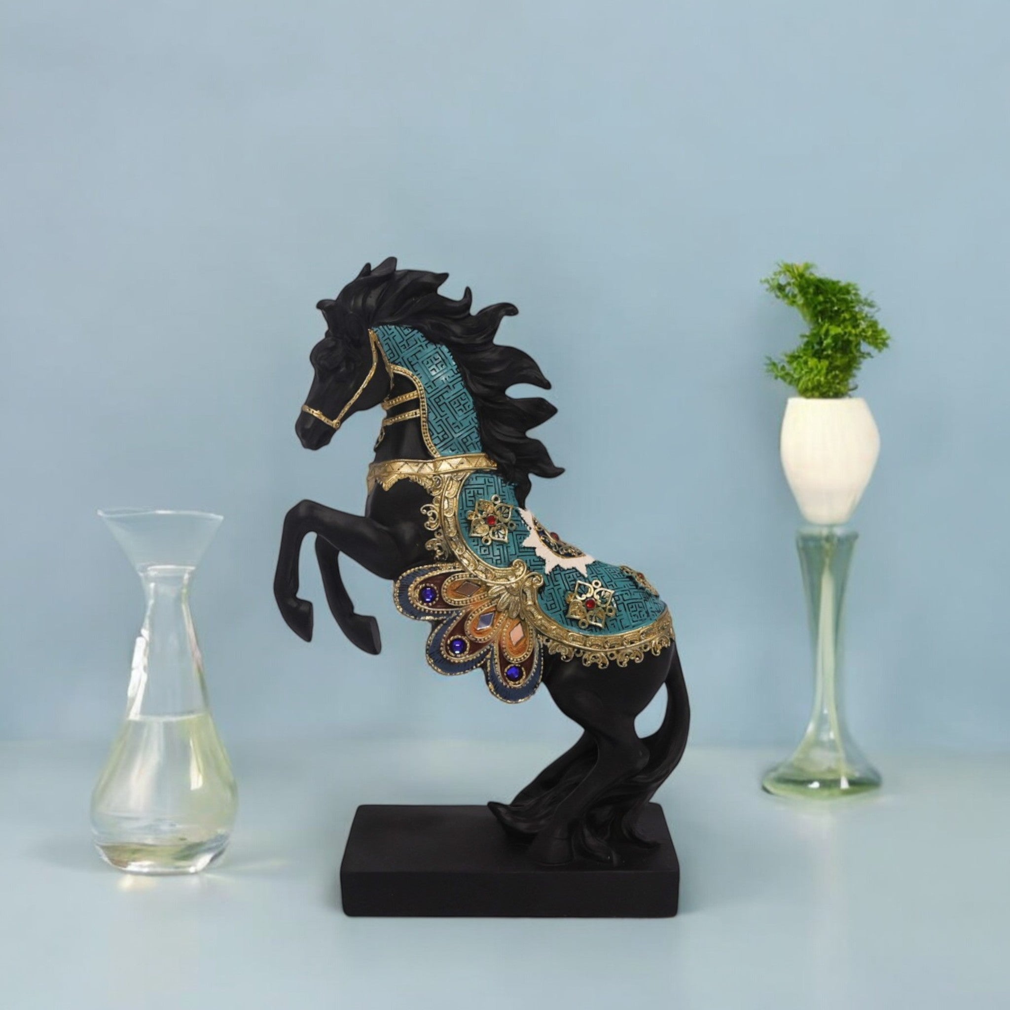 Majestic Black Horse Sculpture with Turquoise Accents | Rearing Stallion Art Statue | 30cm Premium Home Decor - Divine Dekor