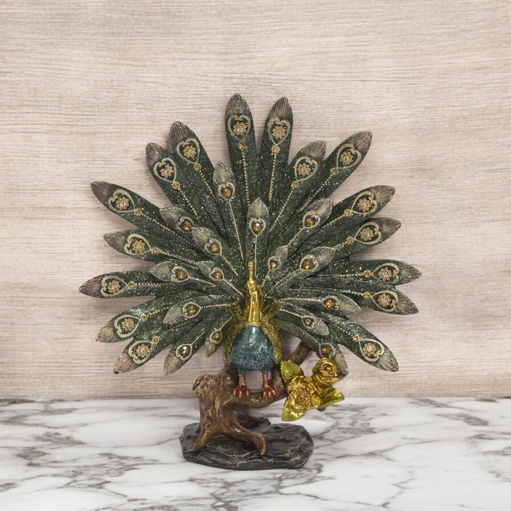 Ornate Peacock Sculpture with Crystal Fan | Traditional Art Statue | 31cm Premium Home Decor - Divine Dekor