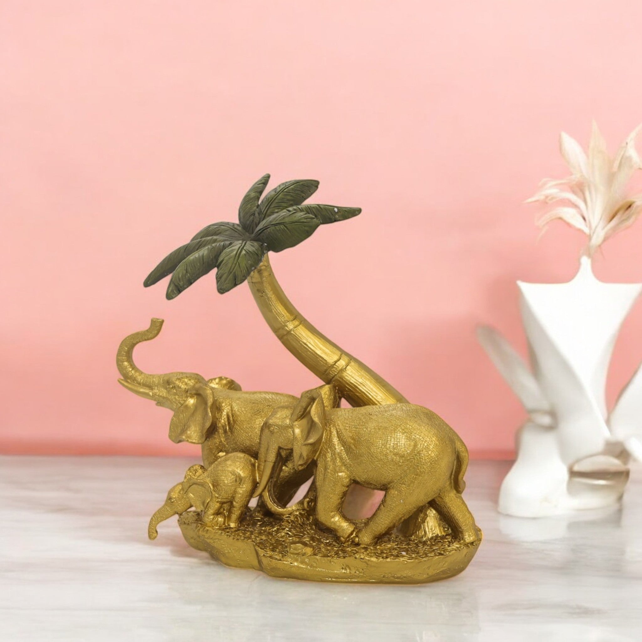 Divine Dekor Golden Elephant Palm Sculpture | 23.5cm Luxury Safari Art | Feng Shui Wealth Symbol | Premium Home Decor Collection