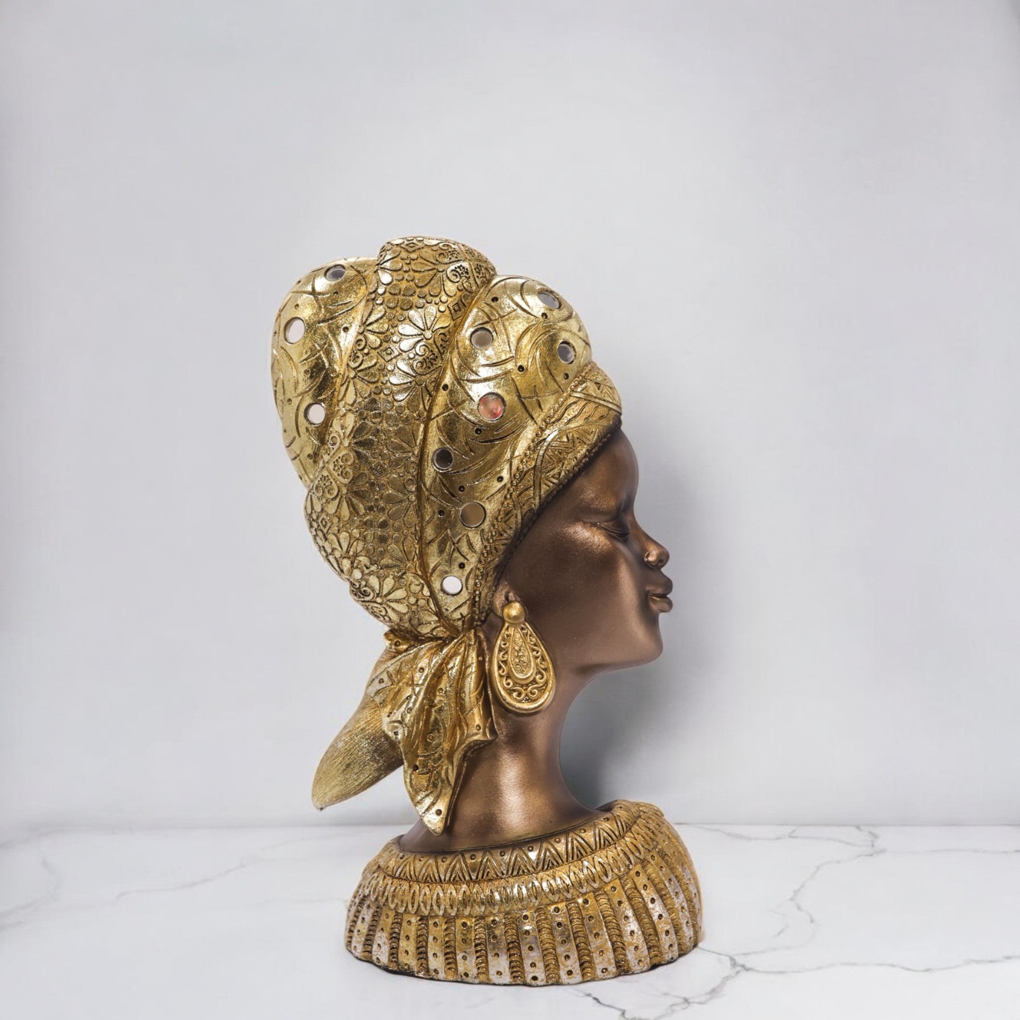 Divine Dekor’s African Queen Bust Sculpture 31cm | Golden Traditional Art | Luxury Cultural Decor