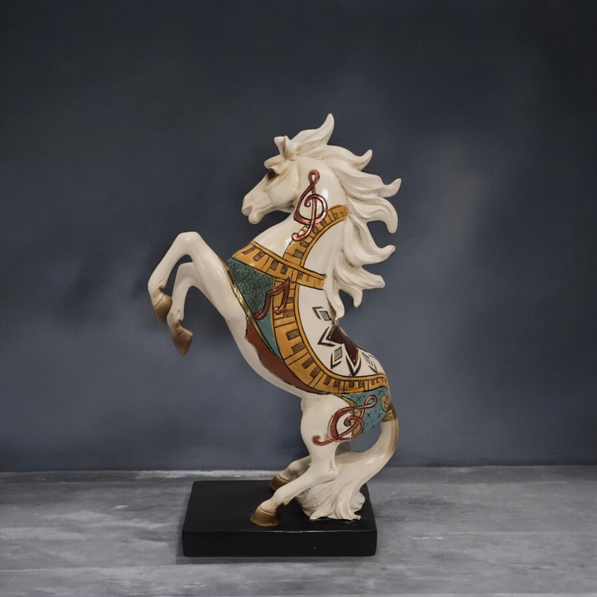 Folk Art Rearing Horse Sculpture | White & Gold Spirit Stallion | 34cm Art Piece