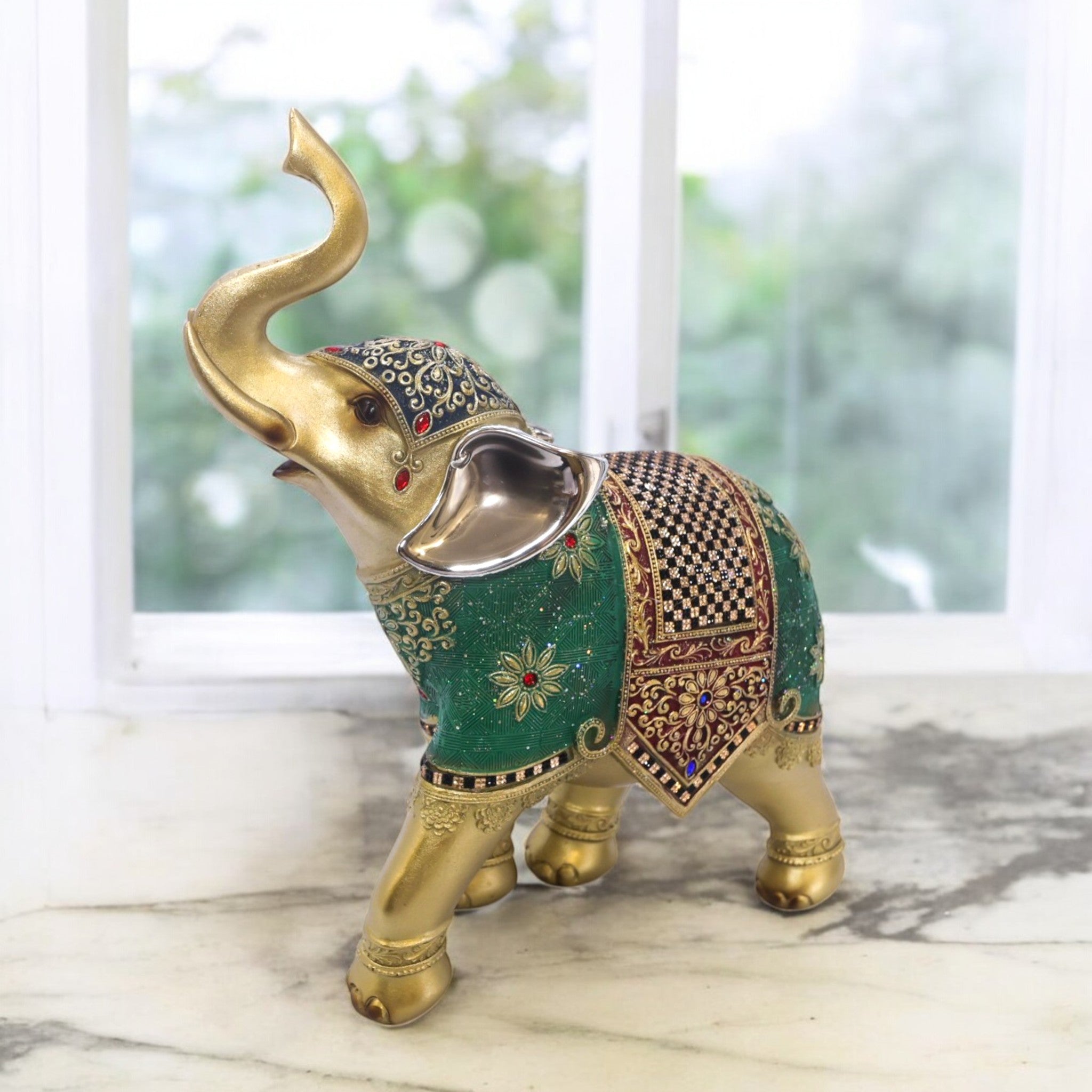 Divine Dekor Royal Elephant Statue - Large Emerald & Gold Prosperity Decor