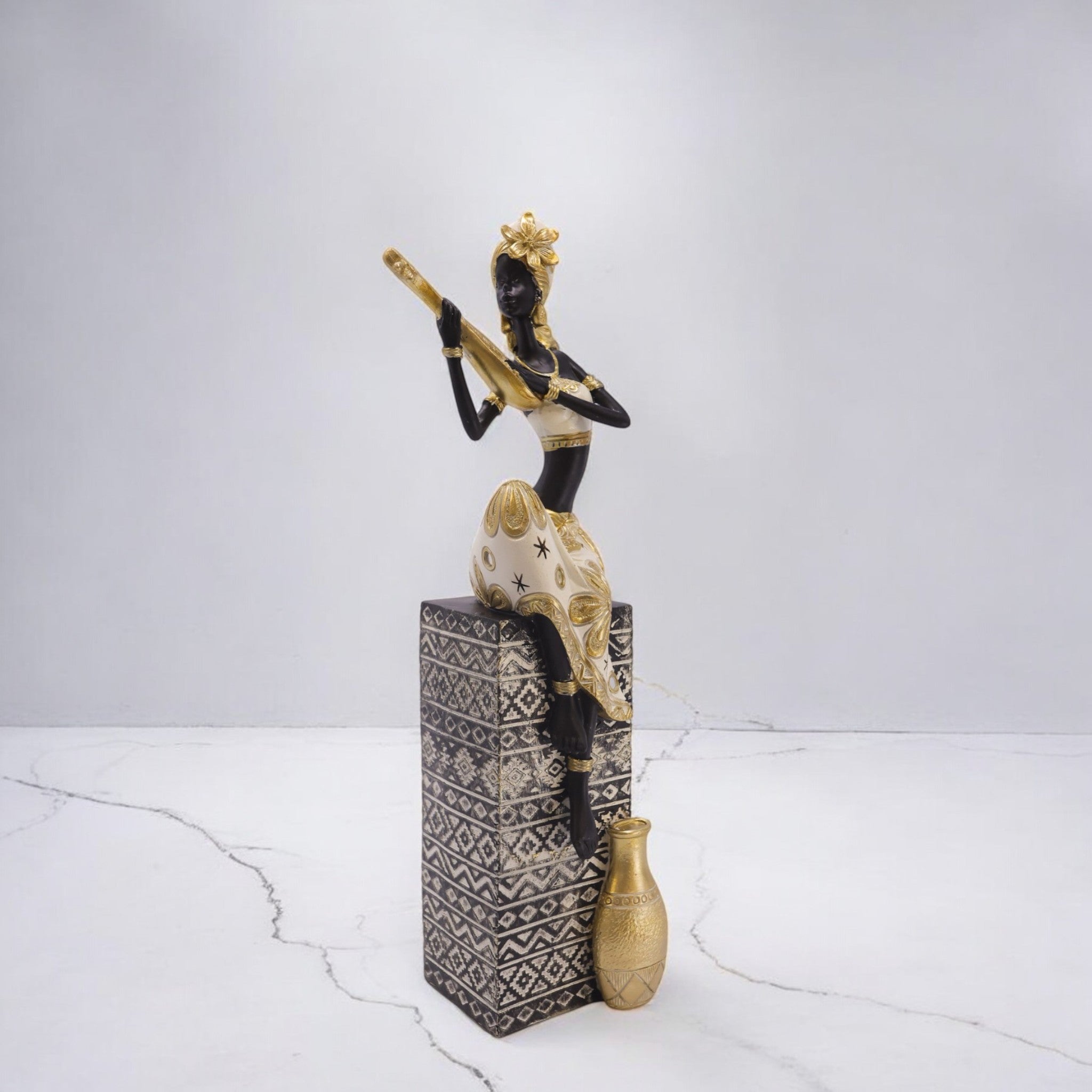 Divine Dekor’s Tall African Lady Sculpture 38cm | Black & Gold Art Statue | Luxury Cultural Decor | Divine Dekor