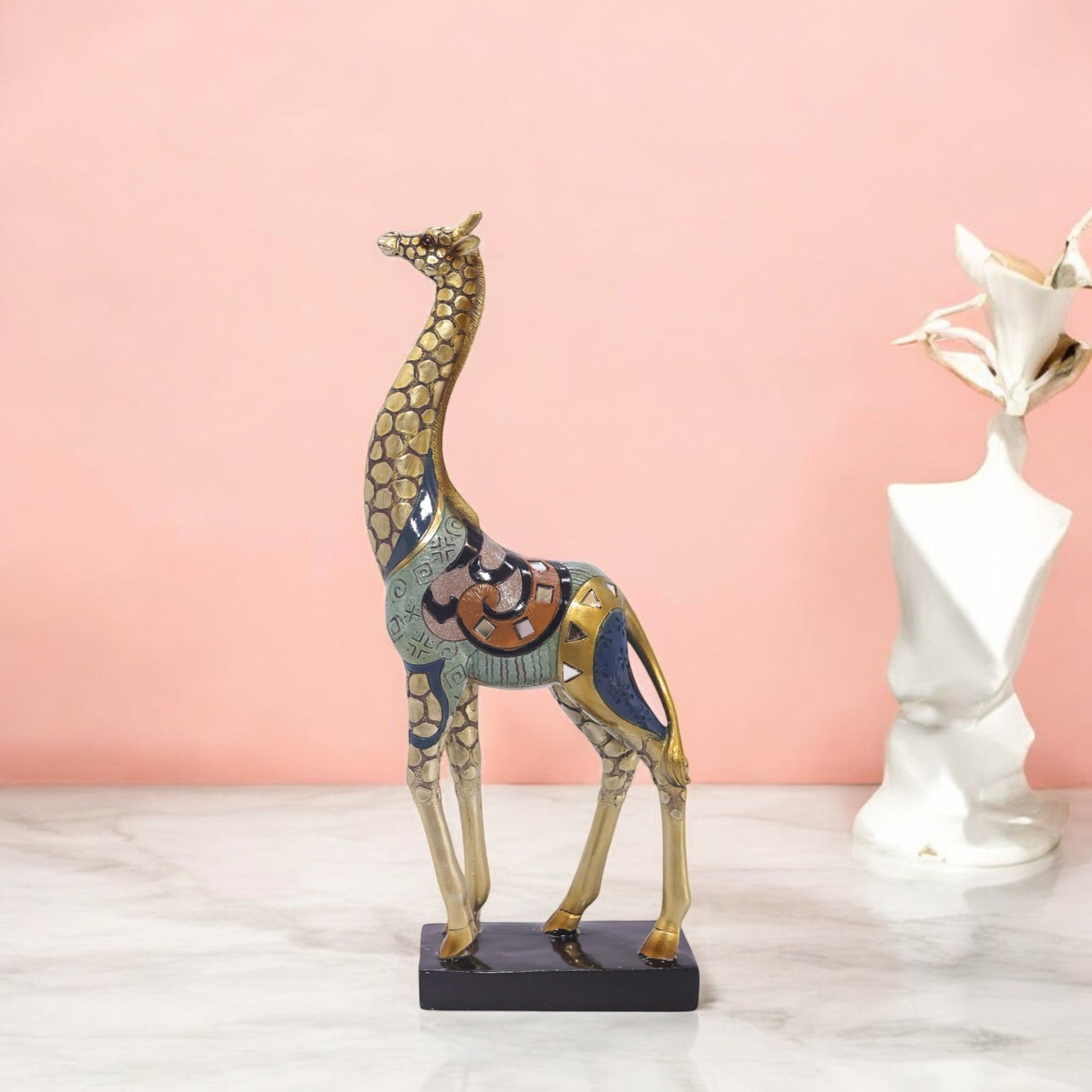 Divine Dekor Modern Mosaic Giraffe - Tall Blue & Gold Art Deco Statue