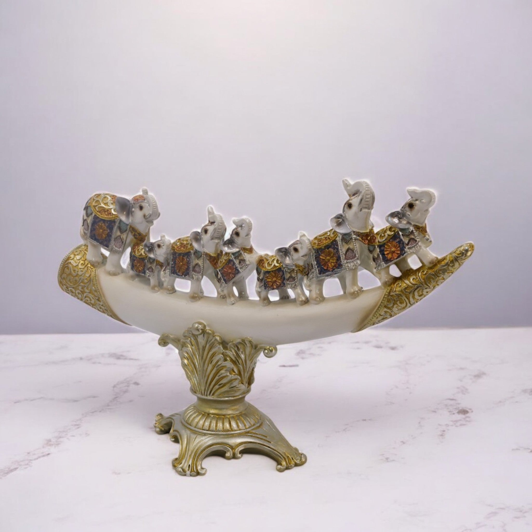 Divine Dekor Royal Elephant Boat - Golden White Luxury Display Bowl