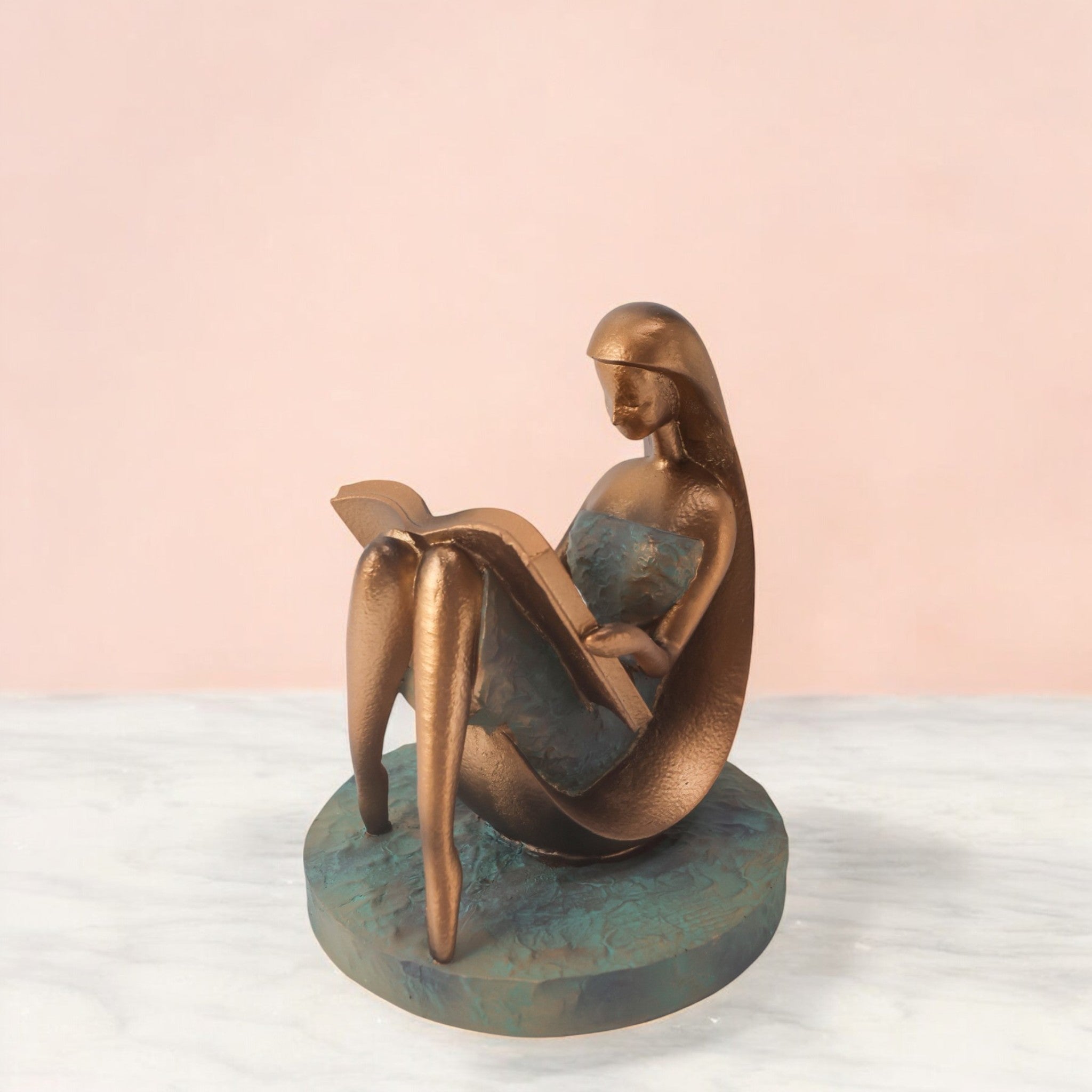 Divine Dekor’s Modern Reading Lady Sculpture 22cm | Bronze & Teal Art Figure | Contemporary Home Decor