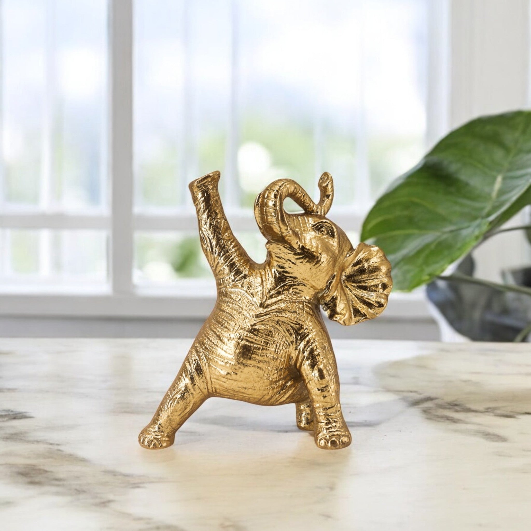 Joyful Golden Elephant Sculpture | Lucky Modern Decor | Divine Dekor