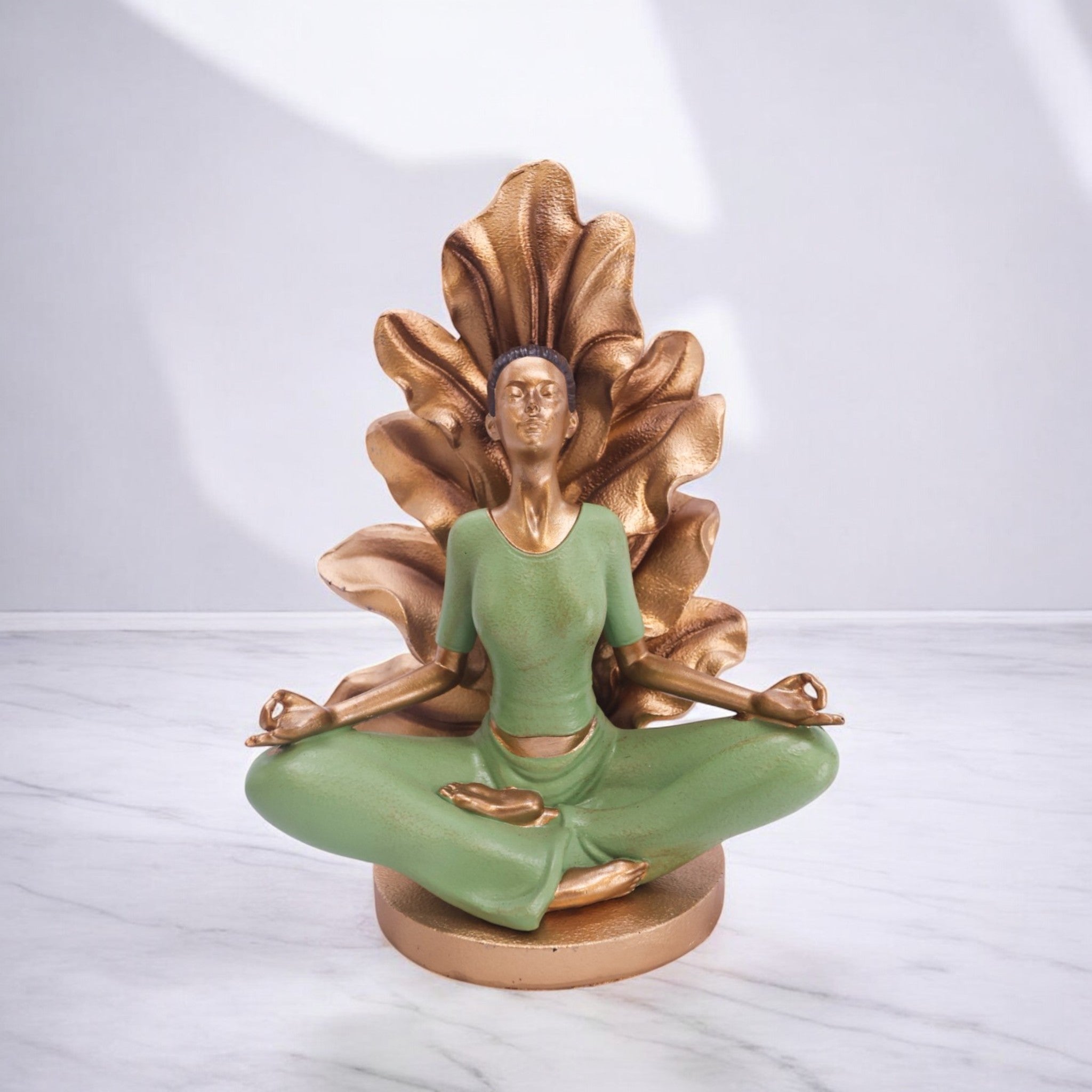 Divine Dekor Lotus Meditation Sculpture | 25.5cm Yoga Lady Statue | Zen Home Decor | Spiritual Mindfulness Art (Green-Gold)