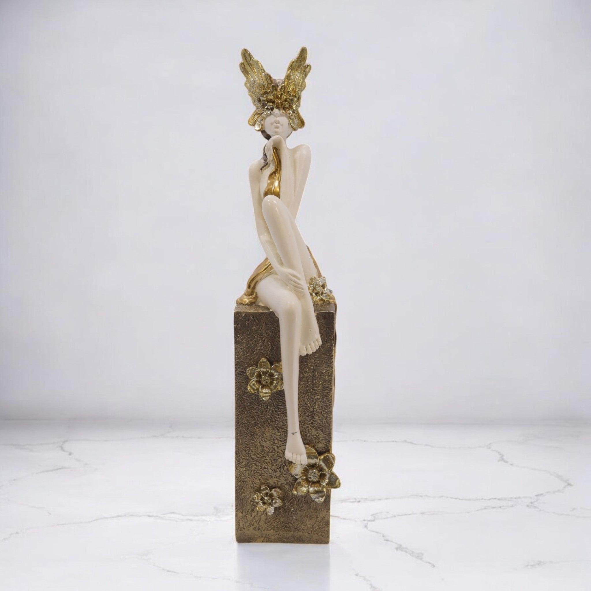 Elegant Lady Figurine Sculpture | White & Gold Art Statue | 39cm Modern Home Decor - Divine Dekor