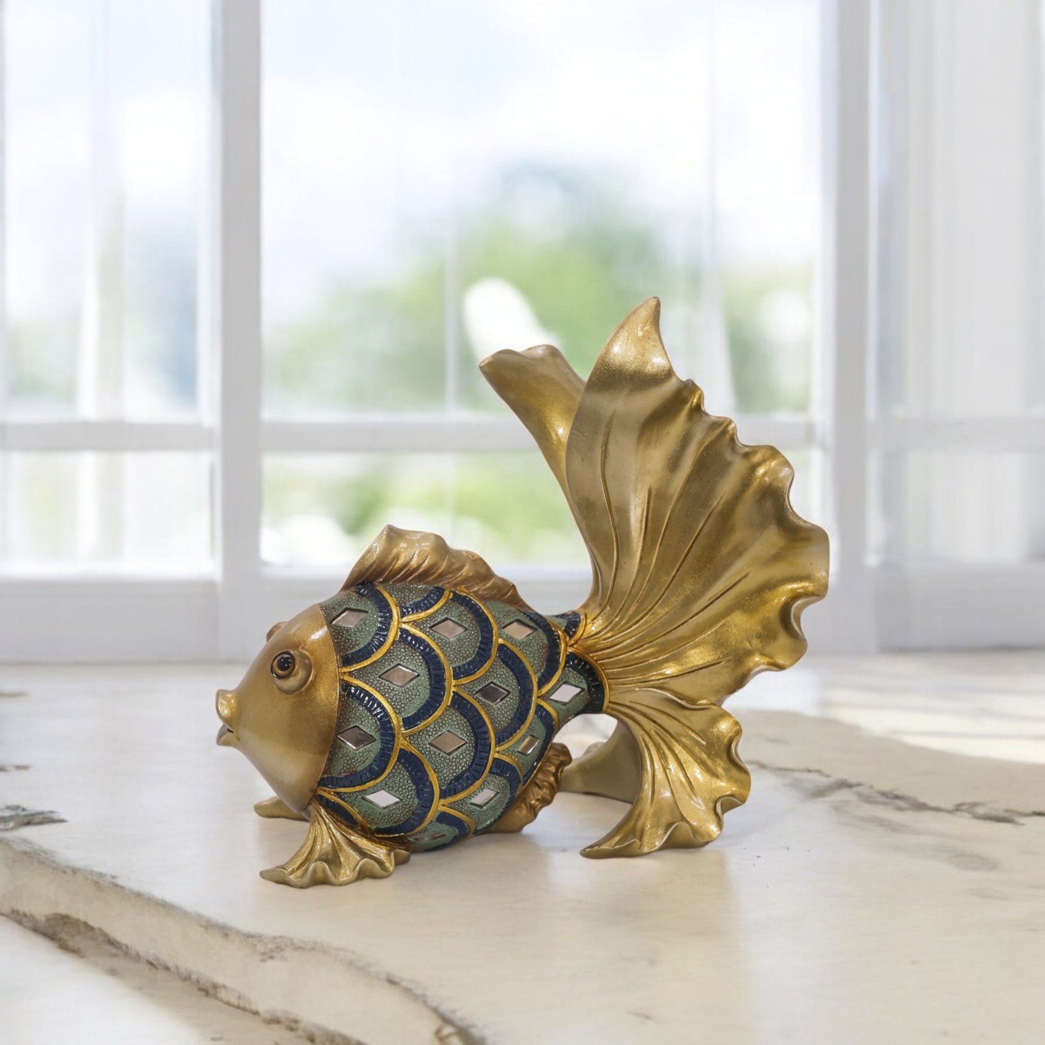 Luxury Golden Fish Sculpture with Blue Scales | Flowing Fin Art Statue | 25.5cm Home Decor - Divine Dekor