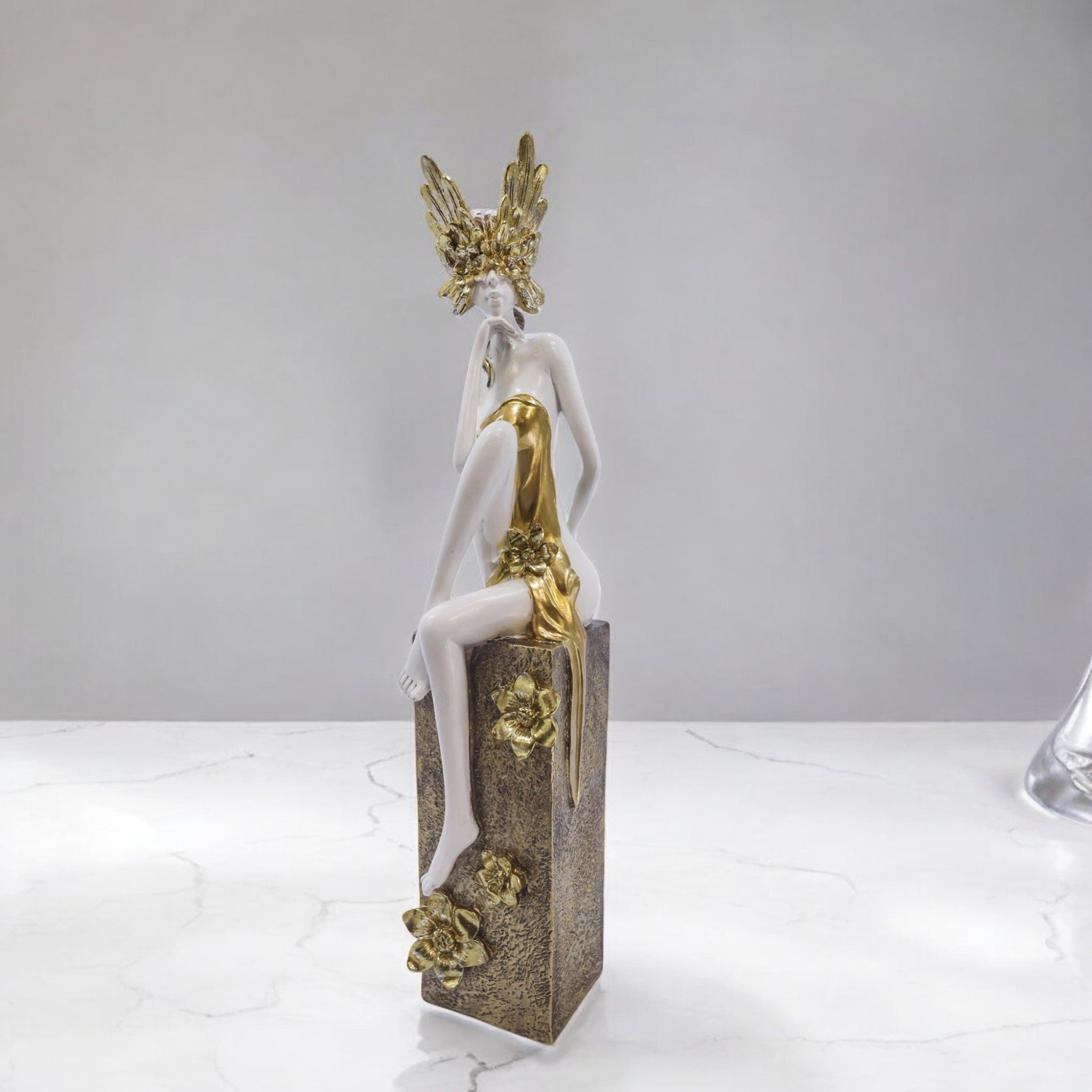 Elegant Lady Sculpture with Golden Base | Modern White Art Statue | 47cm Luxury Home Decor - Divine Dekor