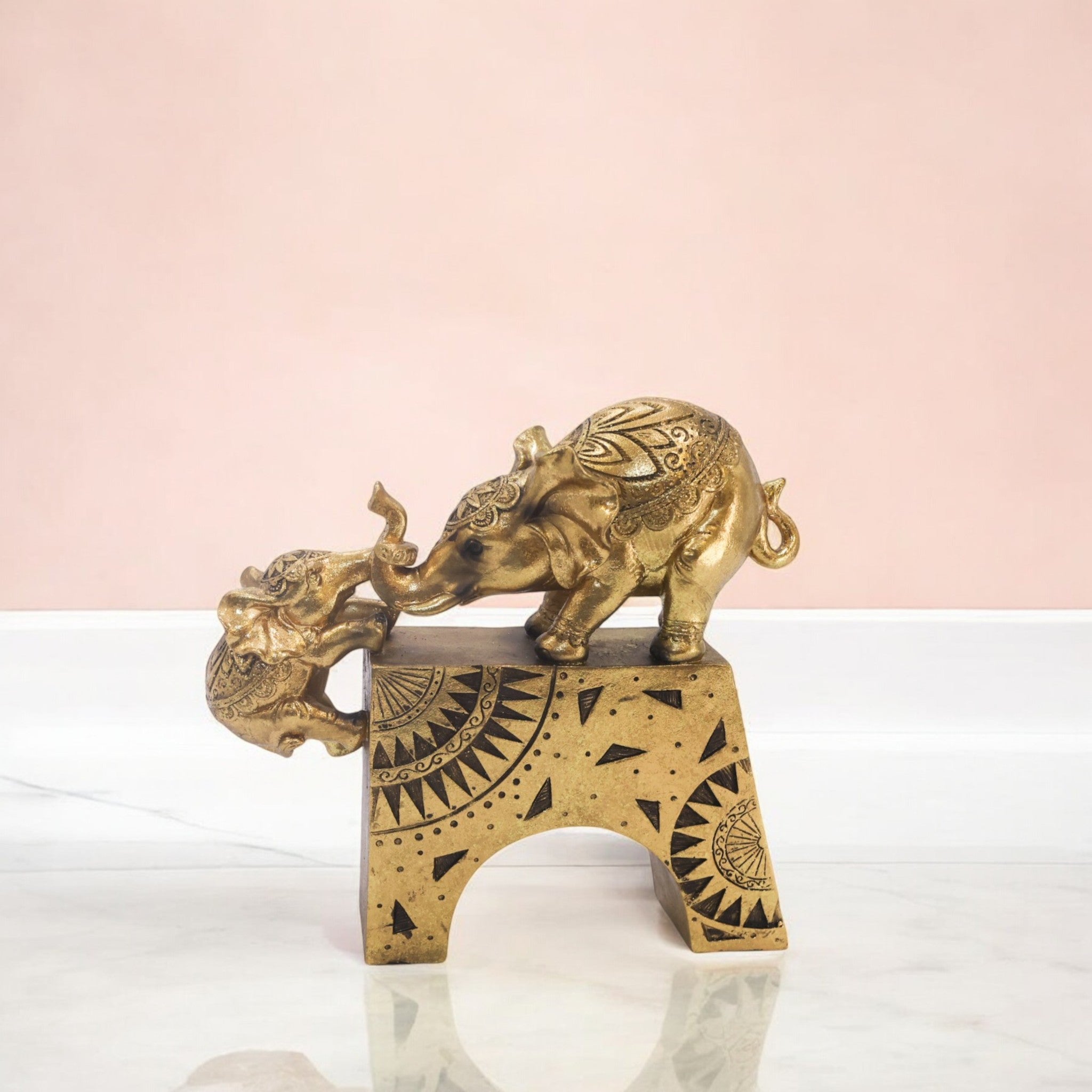 Golden Mother & Baby Elephant Sculpture | Family Bond Art Statue | 22.5cm Luxury Home Decor - Divine Dekor