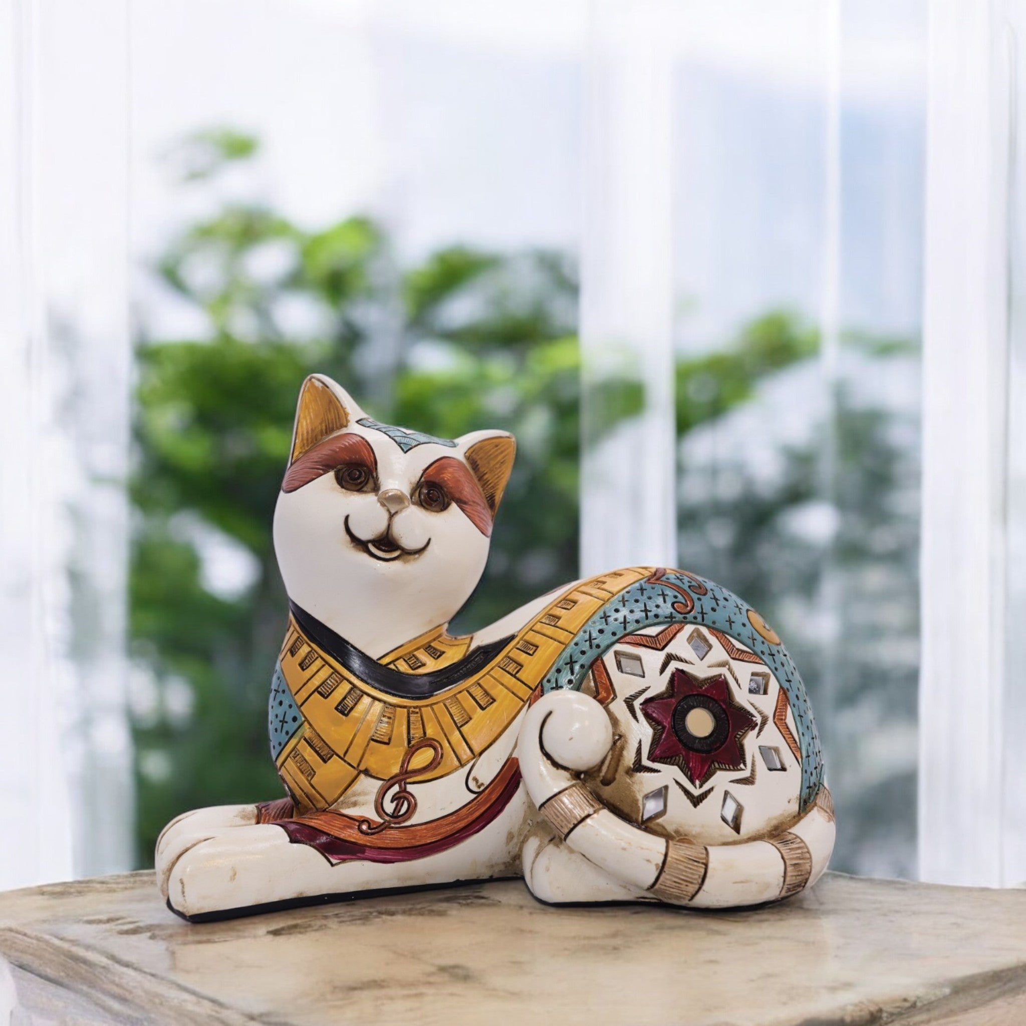 Bohemian Folk Art Cat Figurine | Hand-Painted Resin Sculpture | 20cm Home Decor