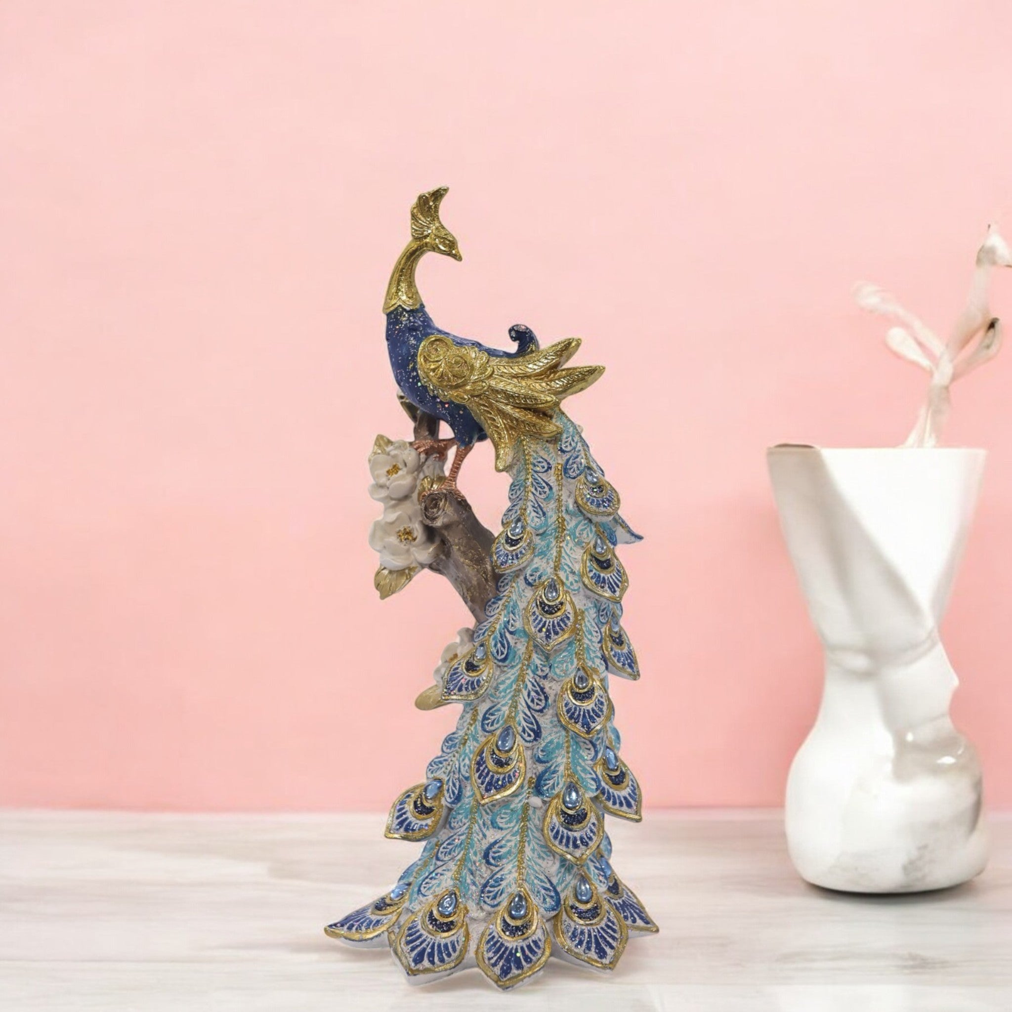 Elegant Peacock Statue with Flowing Feathers | Turquoise & Gold Luxury Bird Sculpture | 29.5cm Premium Home Decor - Divine Dekor