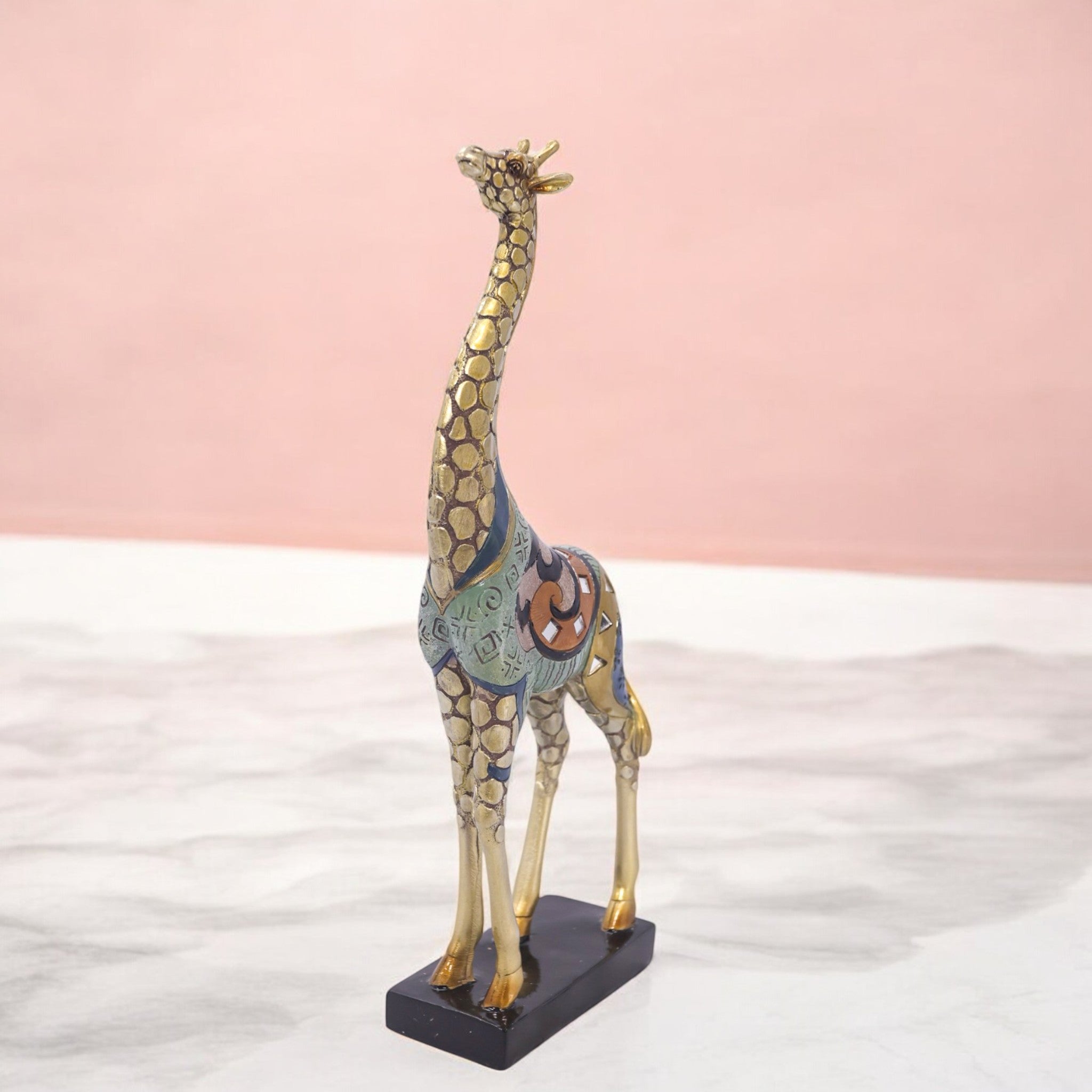 Divine Dekor Modern Mosaic Giraffe - Tall Blue & Gold Art Deco Statue