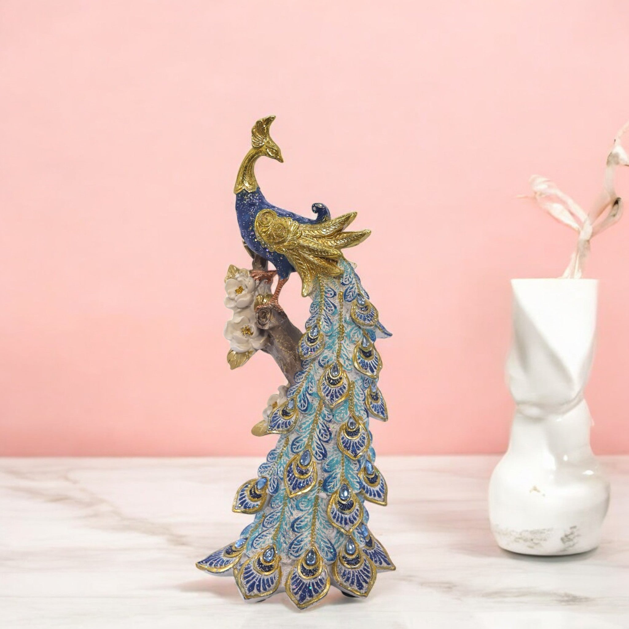 Elegant Peacock Statue with Flowing Feathers | Turquoise & Gold Luxury Bird Sculpture | 29.5cm Premium Home Decor - Divine Dekor