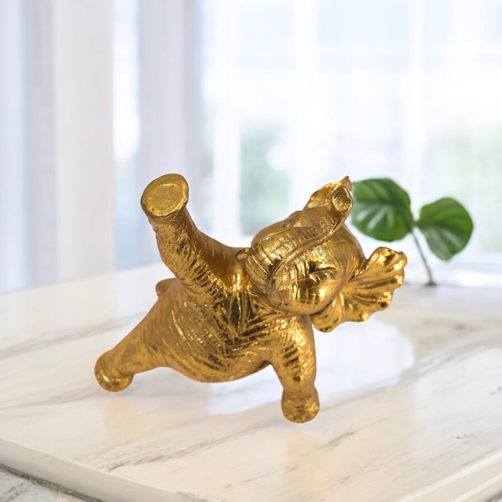Joyful Golden Elephant Sculpture | Lucky Modern Decor | Divine Dekor
