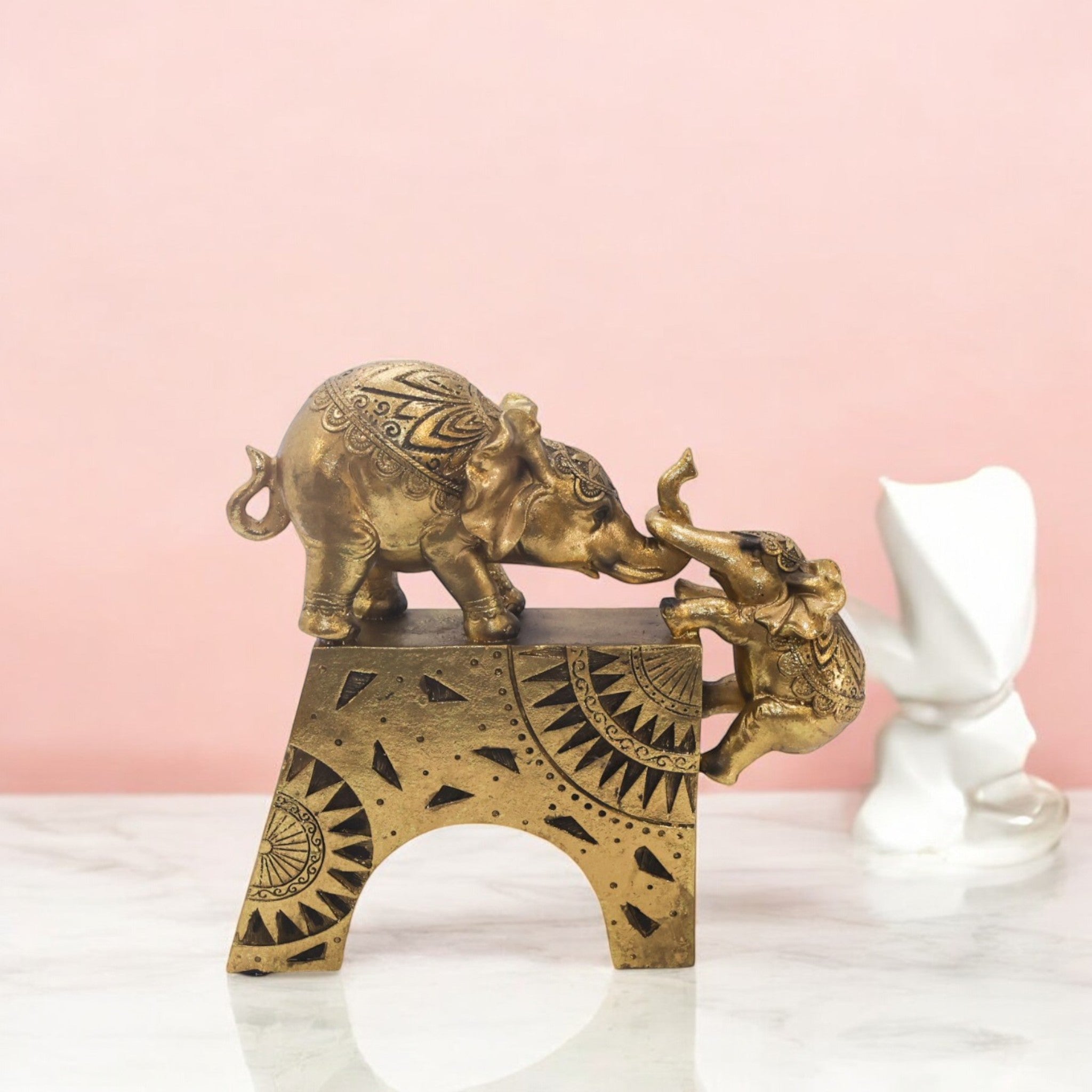 Golden Mother & Baby Elephant Sculpture | Family Bond Art Statue | 22.5cm Luxury Home Decor - Divine Dekor