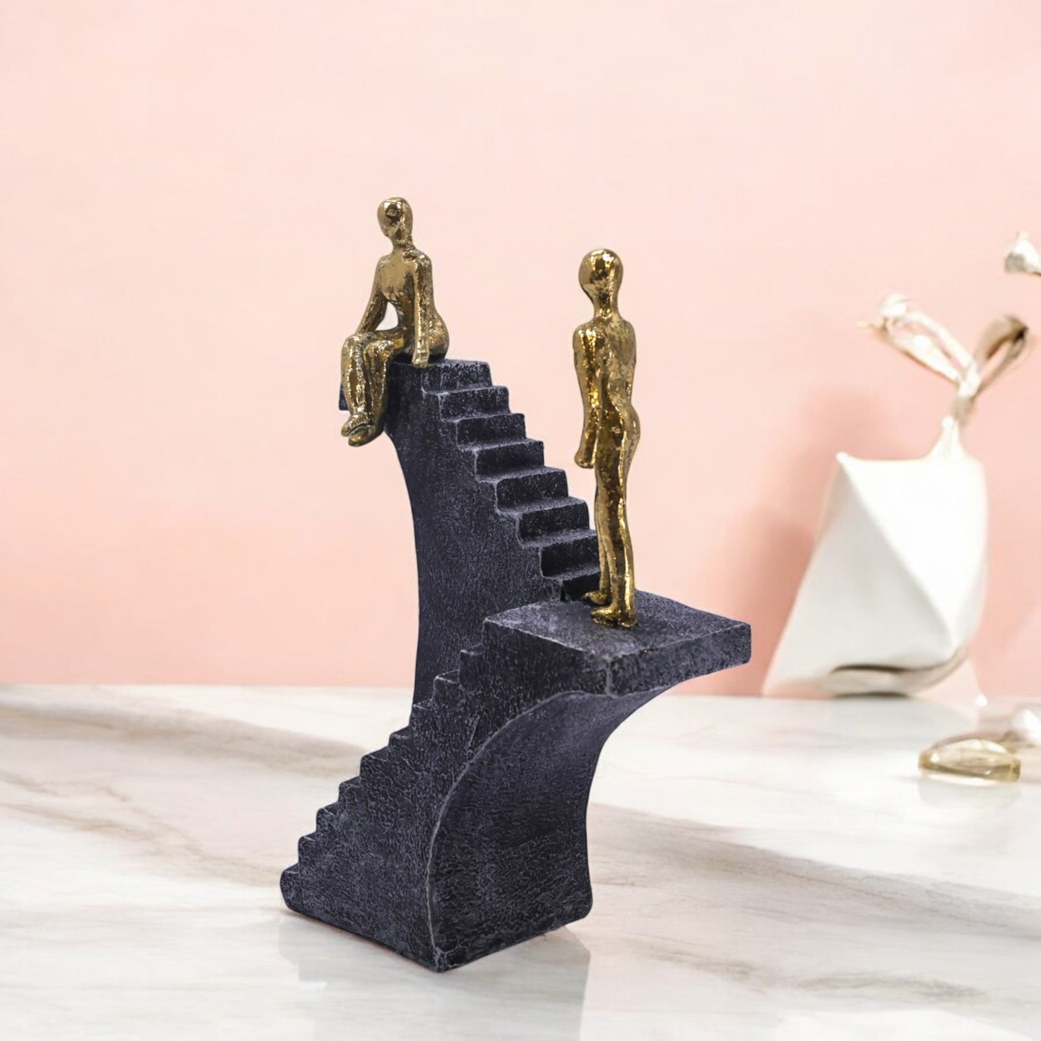 Ascending Figures Stairway Sculpture | Modern Grey & Gold Art Statue | 25cm Contemporary Home Decor - Divine Dekor