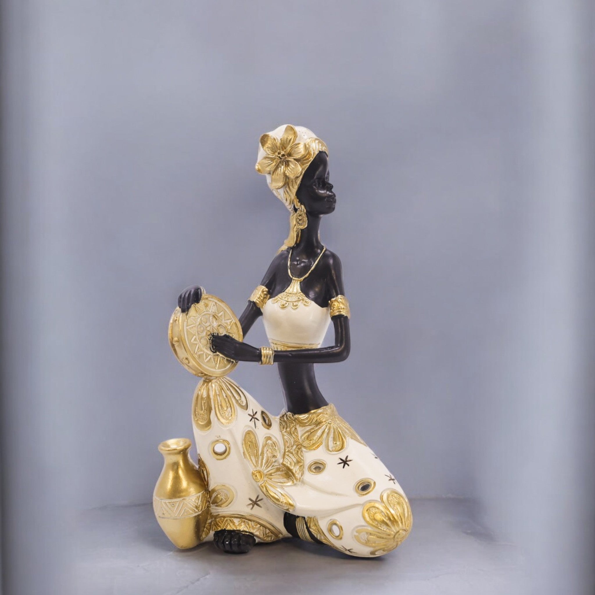 African Lady Figurine 22.5cm | Black & Gold Traditional Sculpture | Cultural Home Decor | Divine Dekor