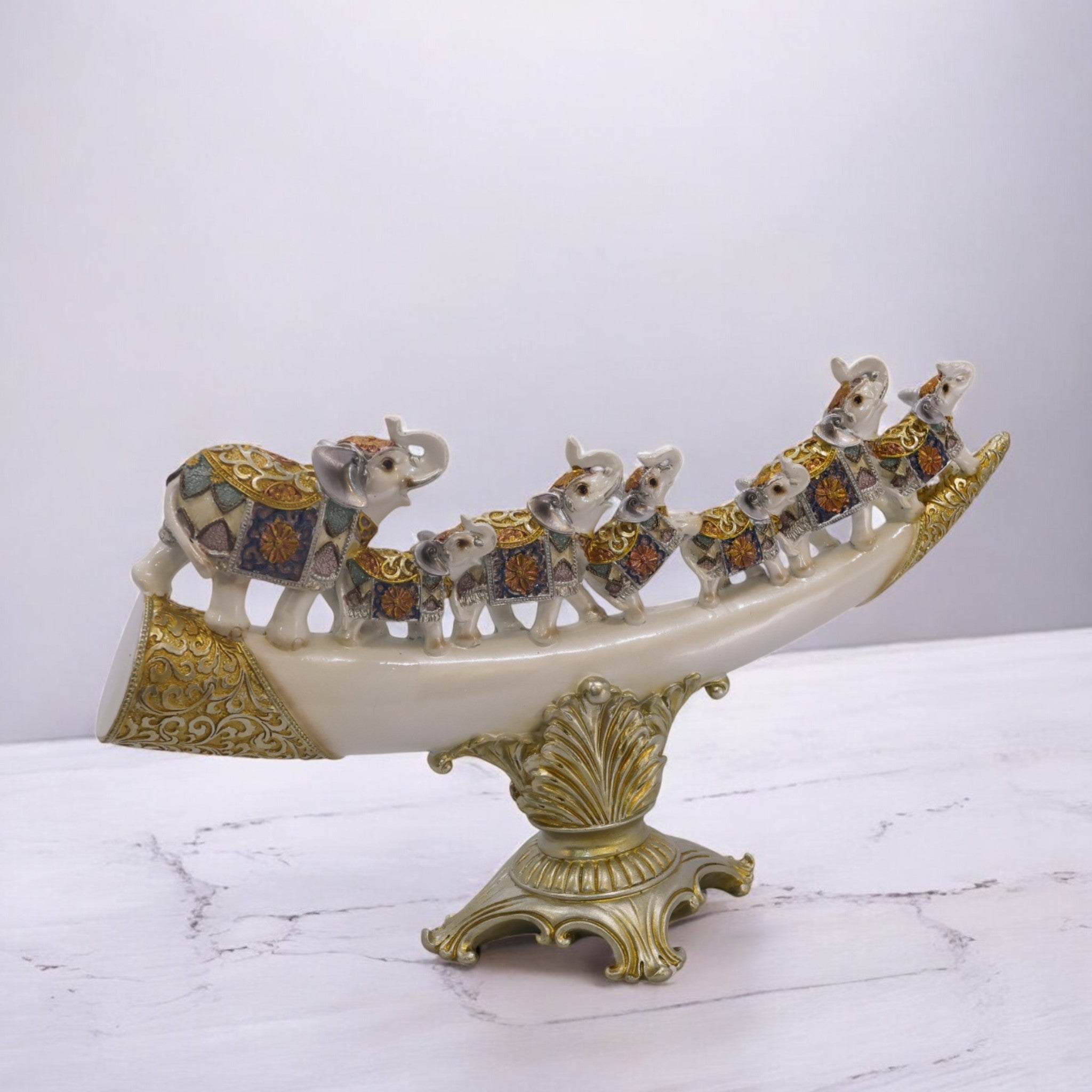 Divine Dekor Royal Elephant Boat - Golden White Luxury Display Bowl