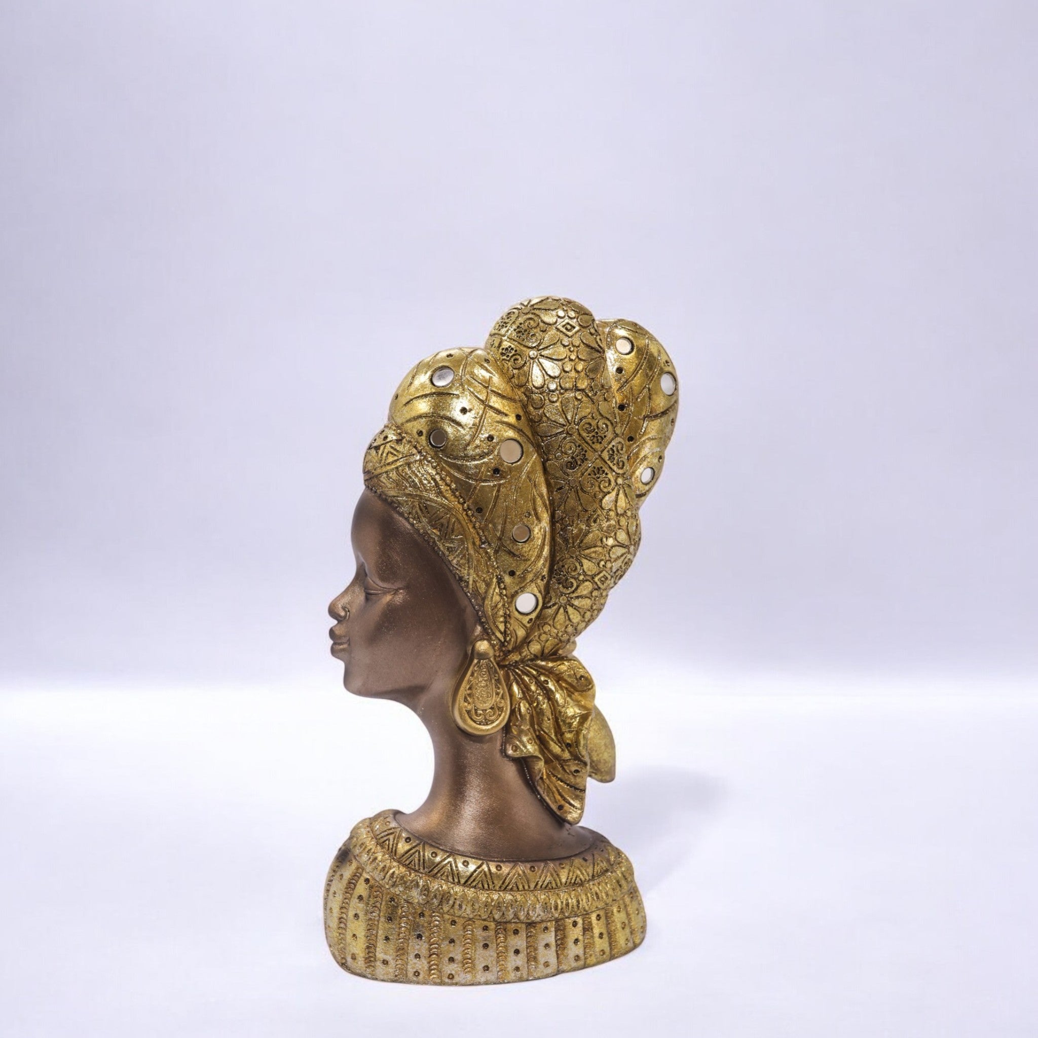 Divine Dekor’s African Queen Bust Sculpture | Golden Headdress Art Statue | 26cm Luxury Cultural Decor