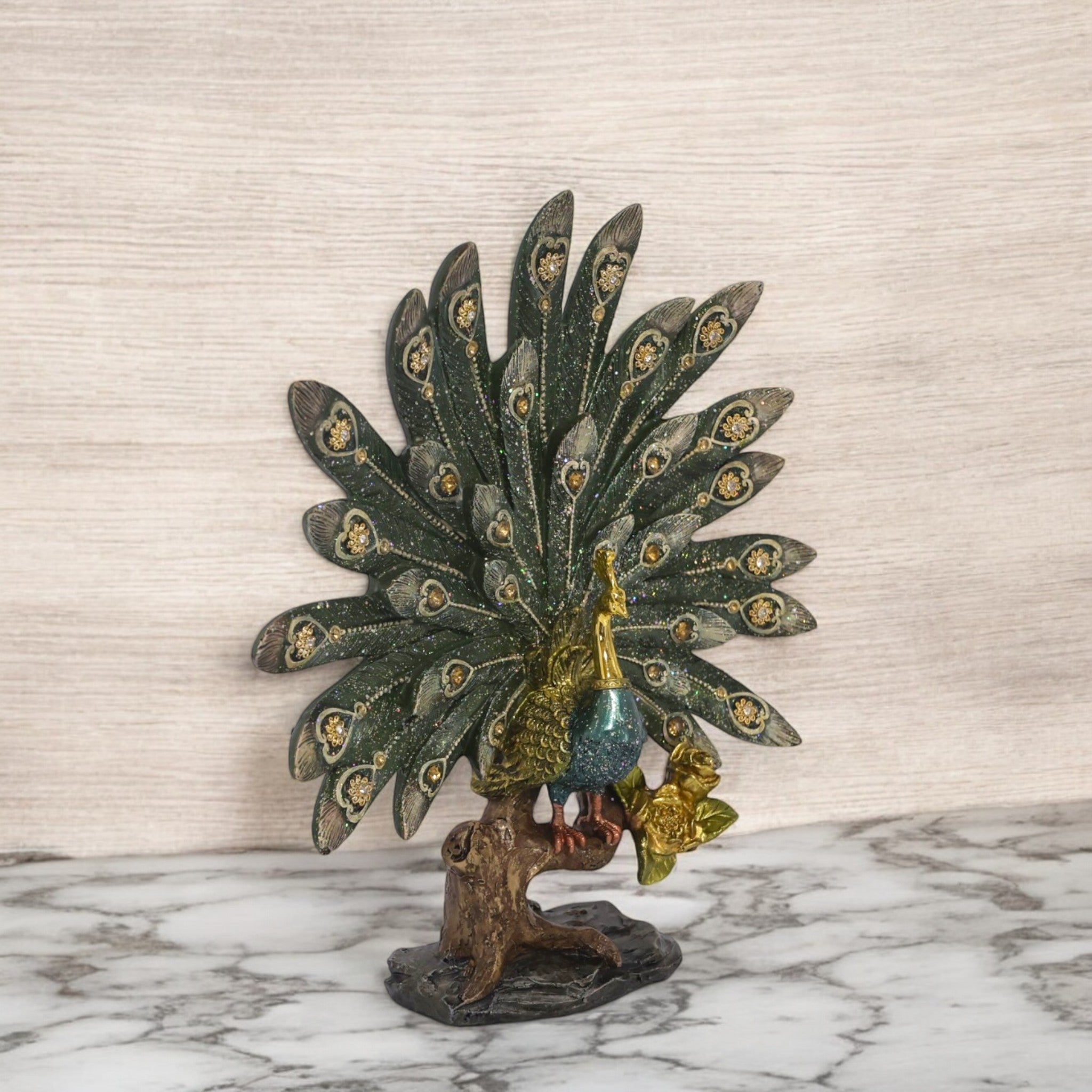 Ornate Peacock Sculpture with Crystal Fan | Traditional Art Statue | 31cm Premium Home Decor - Divine Dekor