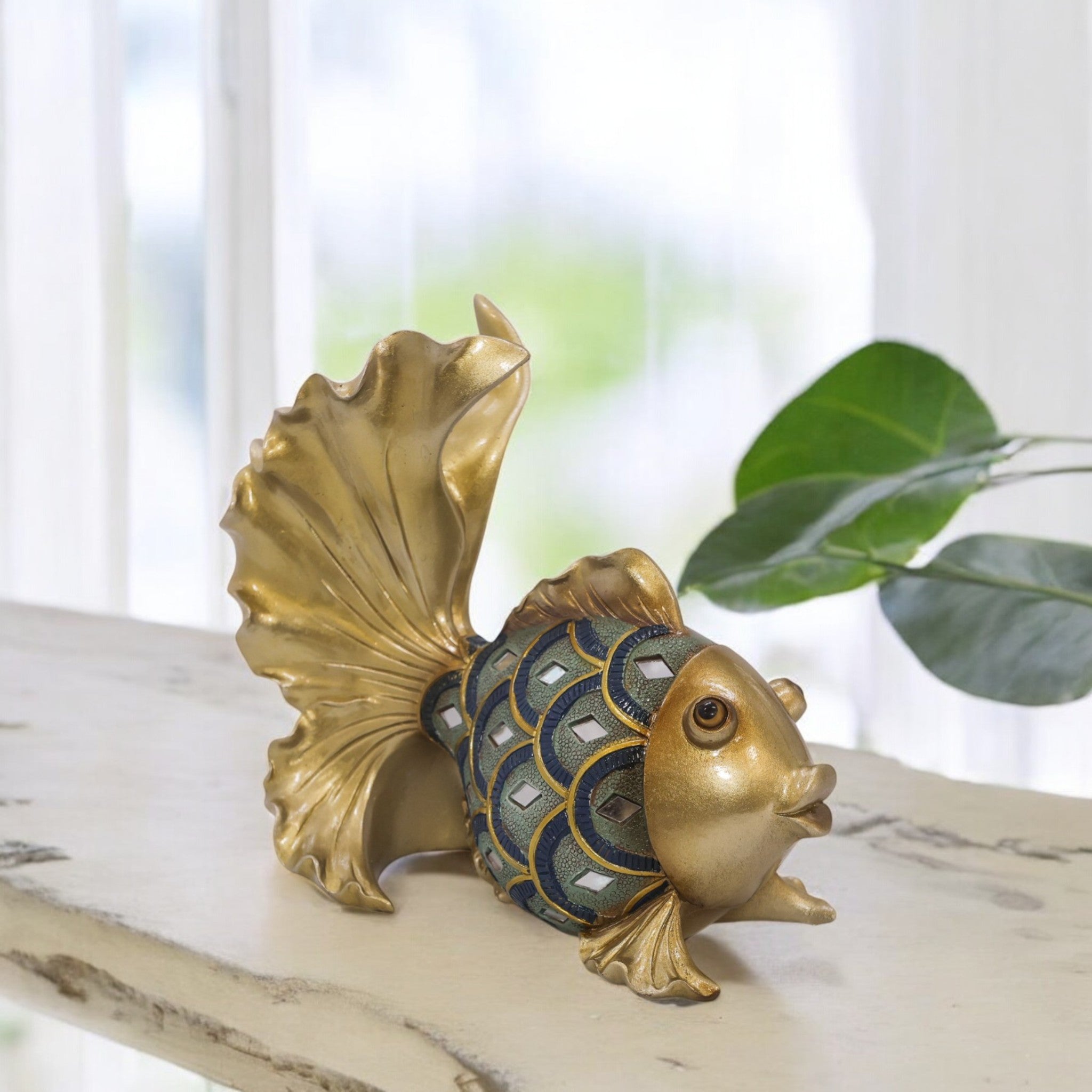 Luxury Golden Fish Sculpture with Blue Scales | Flowing Fin Art Statue | 25.5cm Home Decor - Divine Dekor