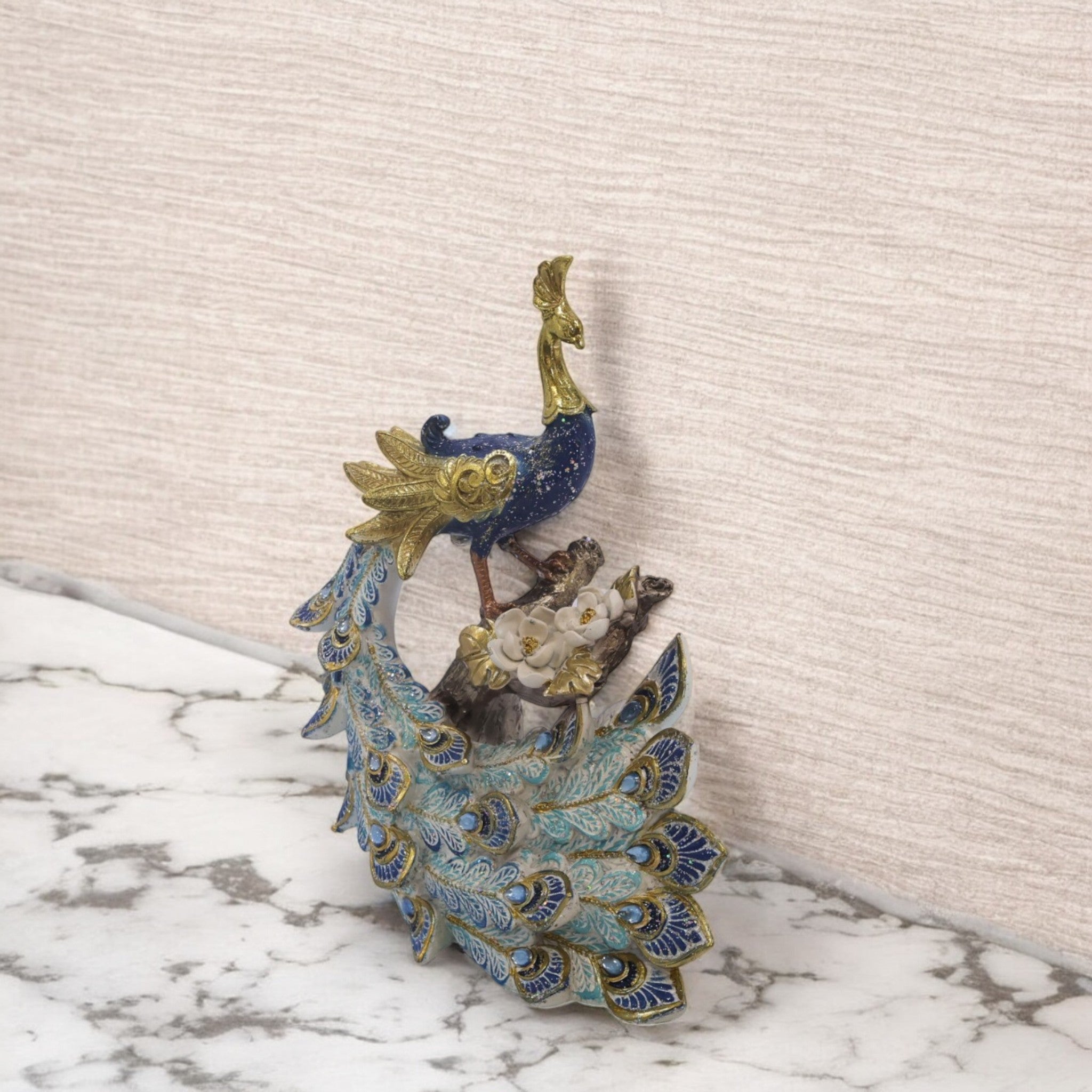 Luxury Aqua Peacock Sculpture | Crystal-Adorned Bird Figurine | 26cm Premium Home Decor - Divine Dekor
