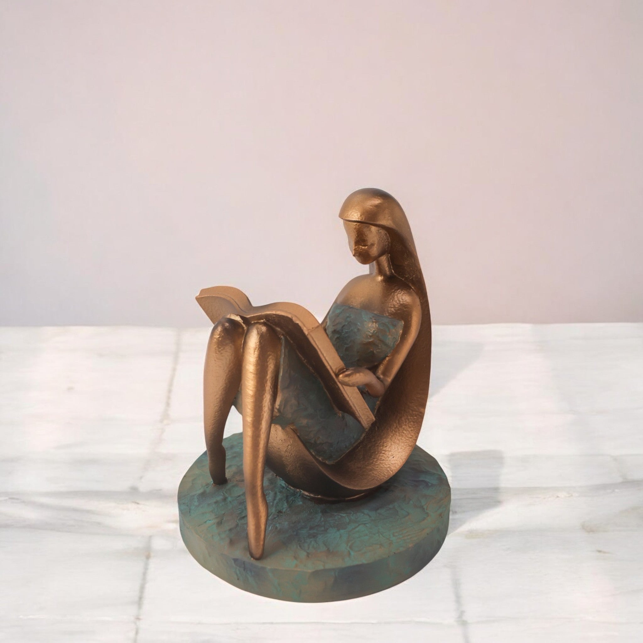 Divine Dekor’s Modern Reading Lady Sculpture 22cm | Bronze & Teal Art Figure | Contemporary Home Decor