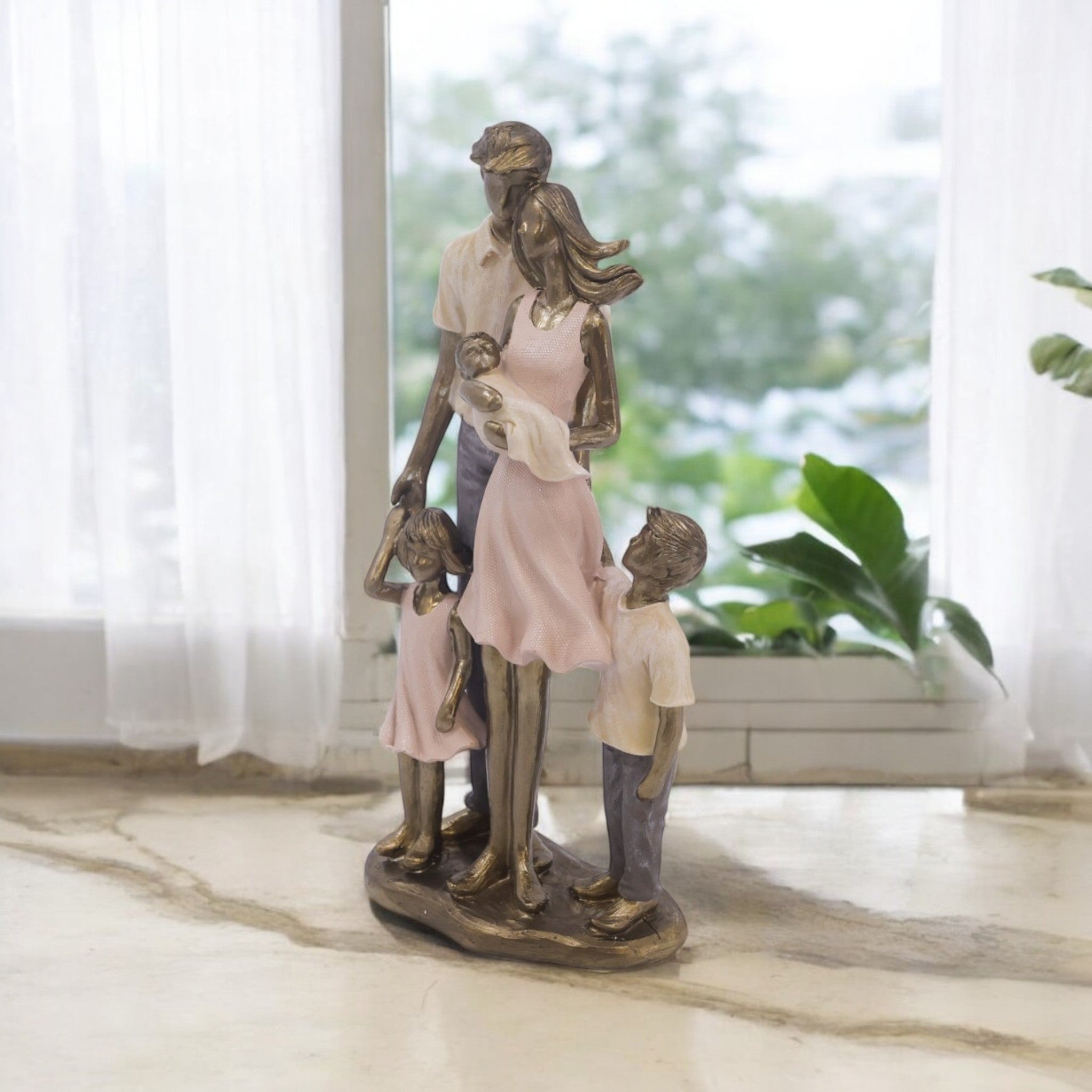 Mother & Children Family Sculpture 25.5cm | Golden White Resin Art | Sentimental Home Decor | Divine Dekor
