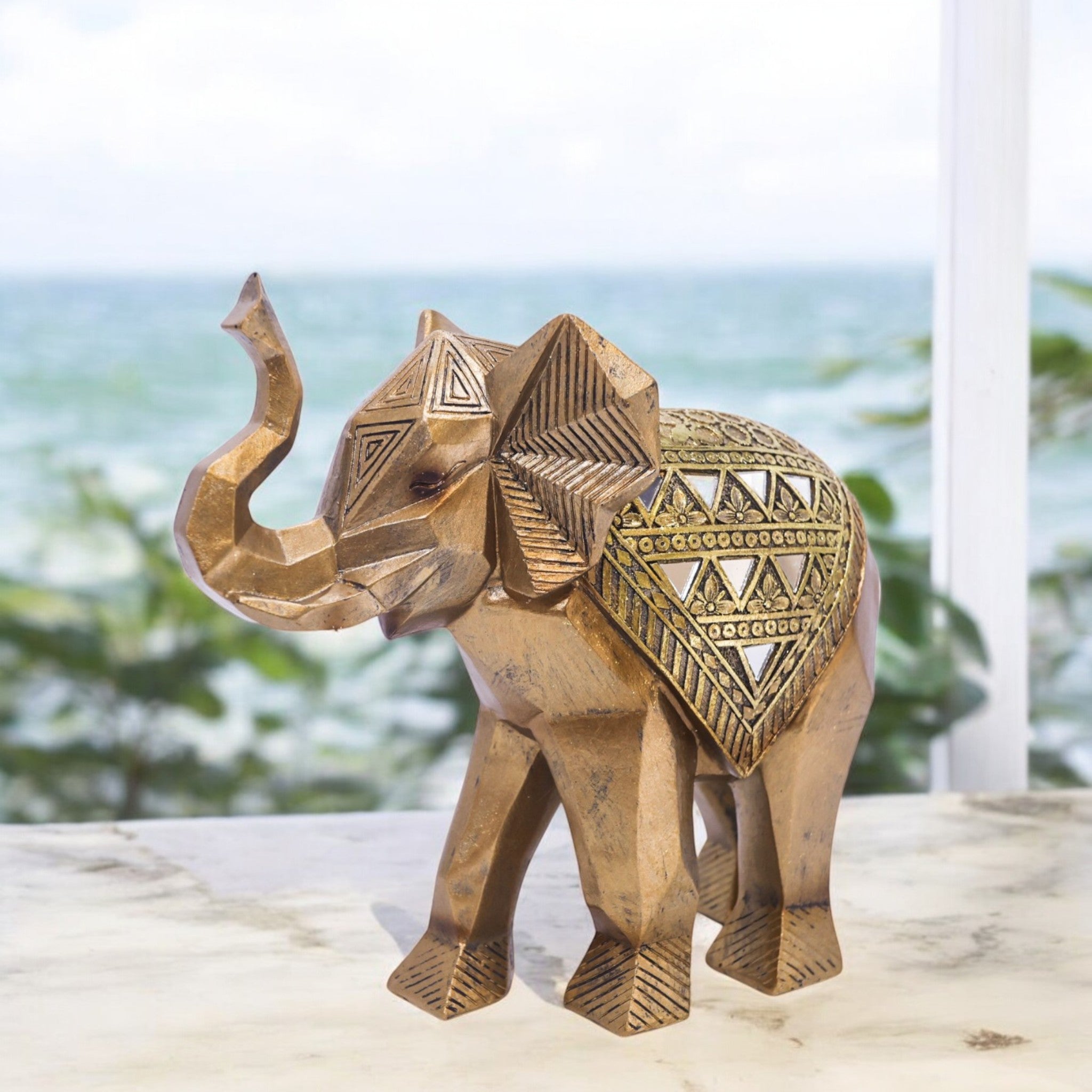 Royal Golden Elephant Sculpture | Geometric Art Decor | 26cm Prosperity Statue