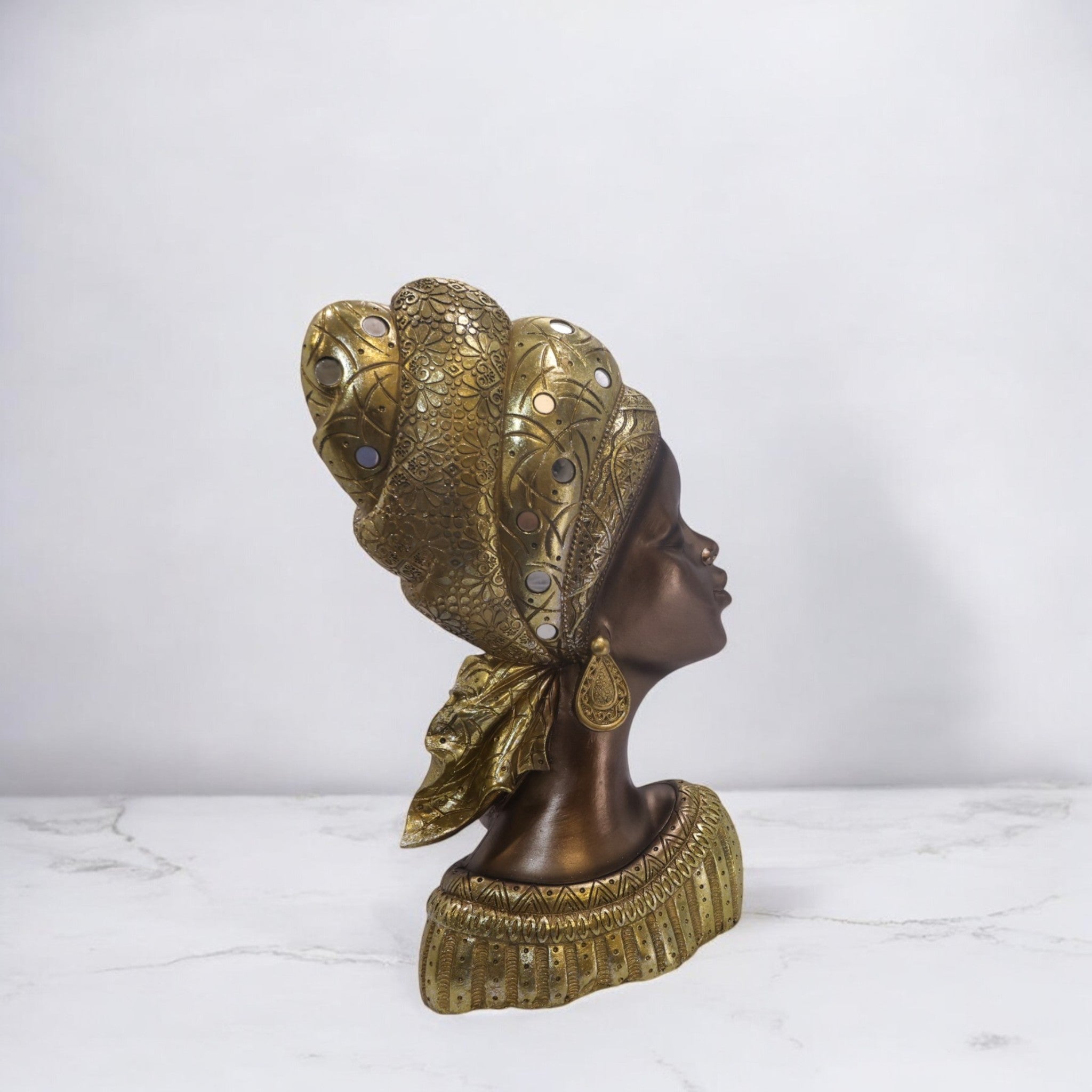 African Queen Bust Sculpture | Gold Headwrap Art Statue | 38.5cm Luxury Cultural Decor - Divine Dekor