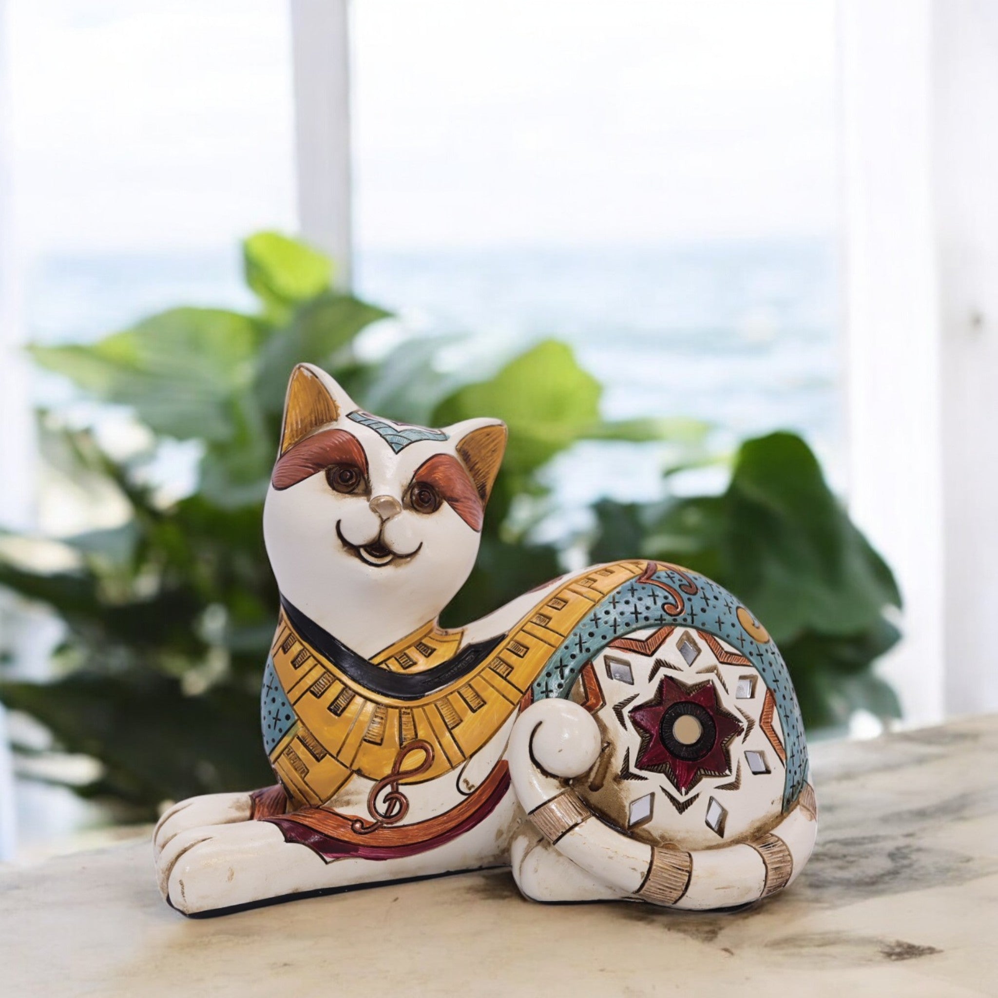 Bohemian Folk Art Cat Figurine | Hand-Painted Resin Sculpture | 20cm Home Decor