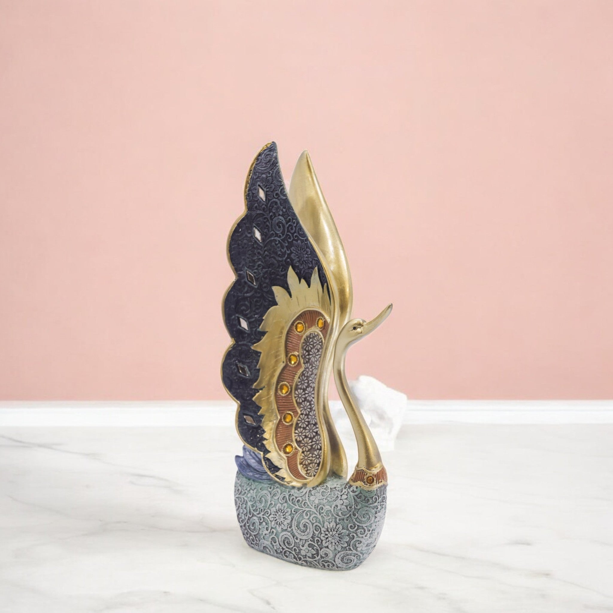 Elegant Swan Sculpture | Navy & Gold Art Statue with Crystal Base | 23cm Luxury Home Decor - Divine Dekor