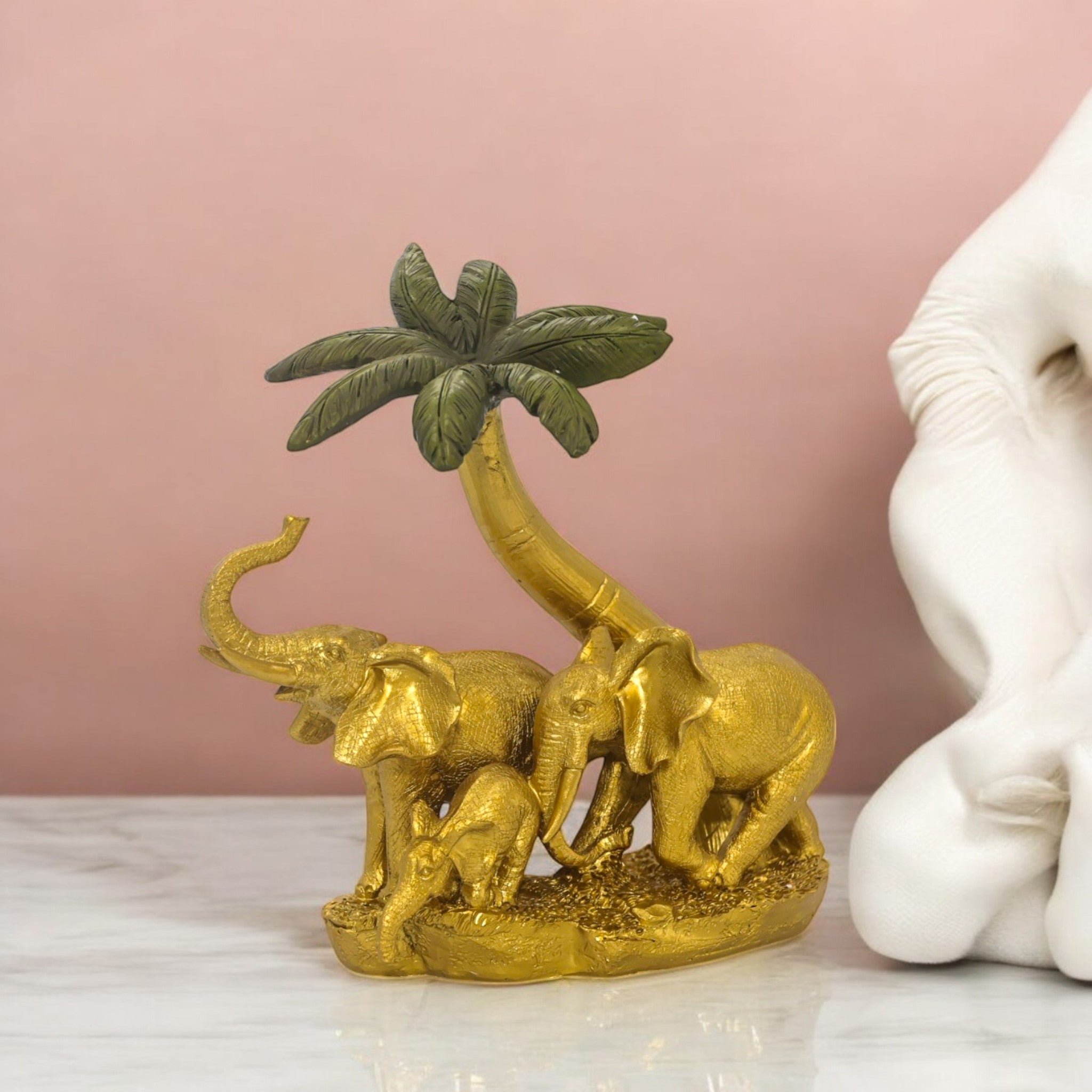 Divine Dekor Golden Elephant Palm Sculpture | 23.5cm Luxury Safari Art | Feng Shui Wealth Symbol | Premium Home Decor Collection