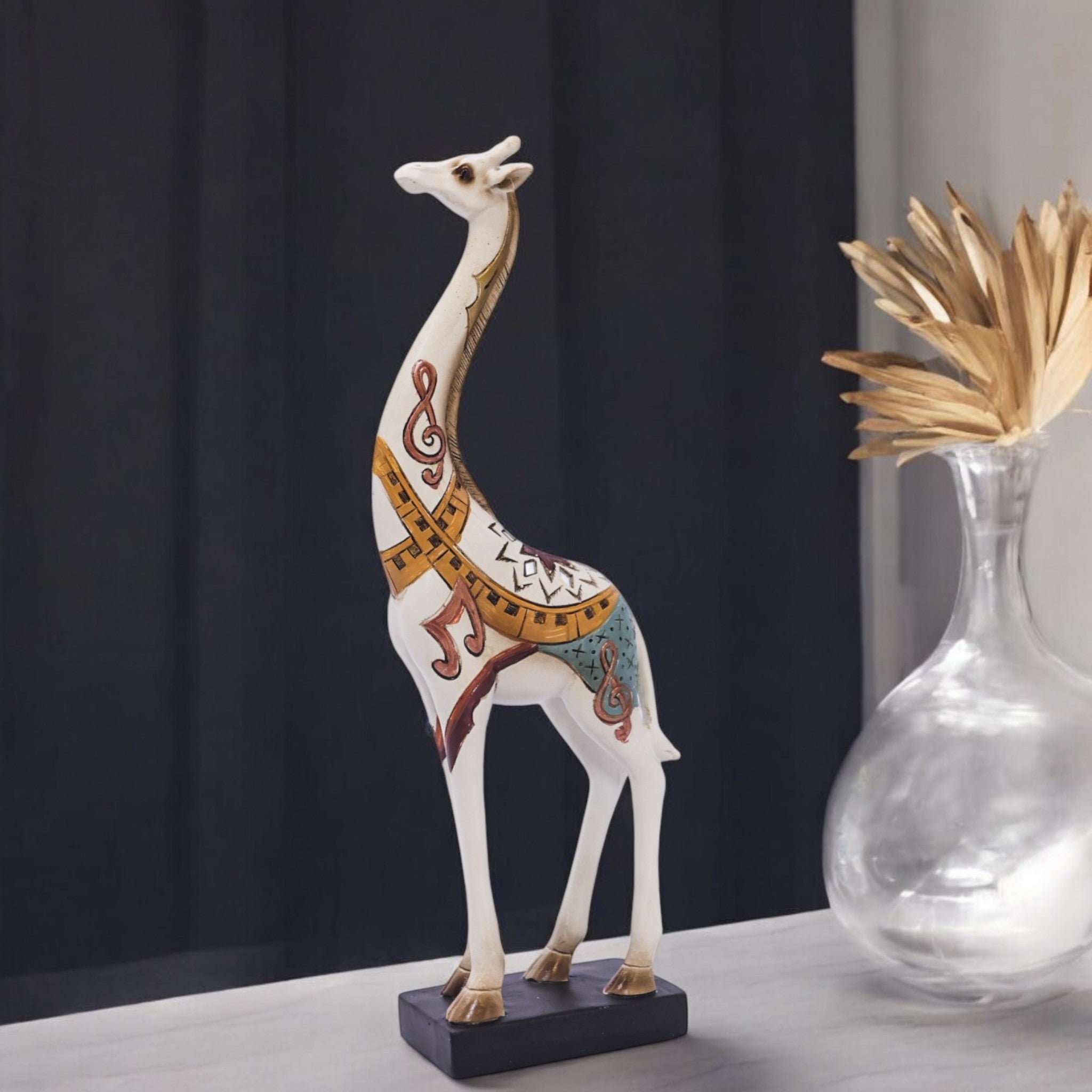 Bohemian Folk Art Giraffe | Hand-Painted White & Gold Sculpture | 33.5cm Decor