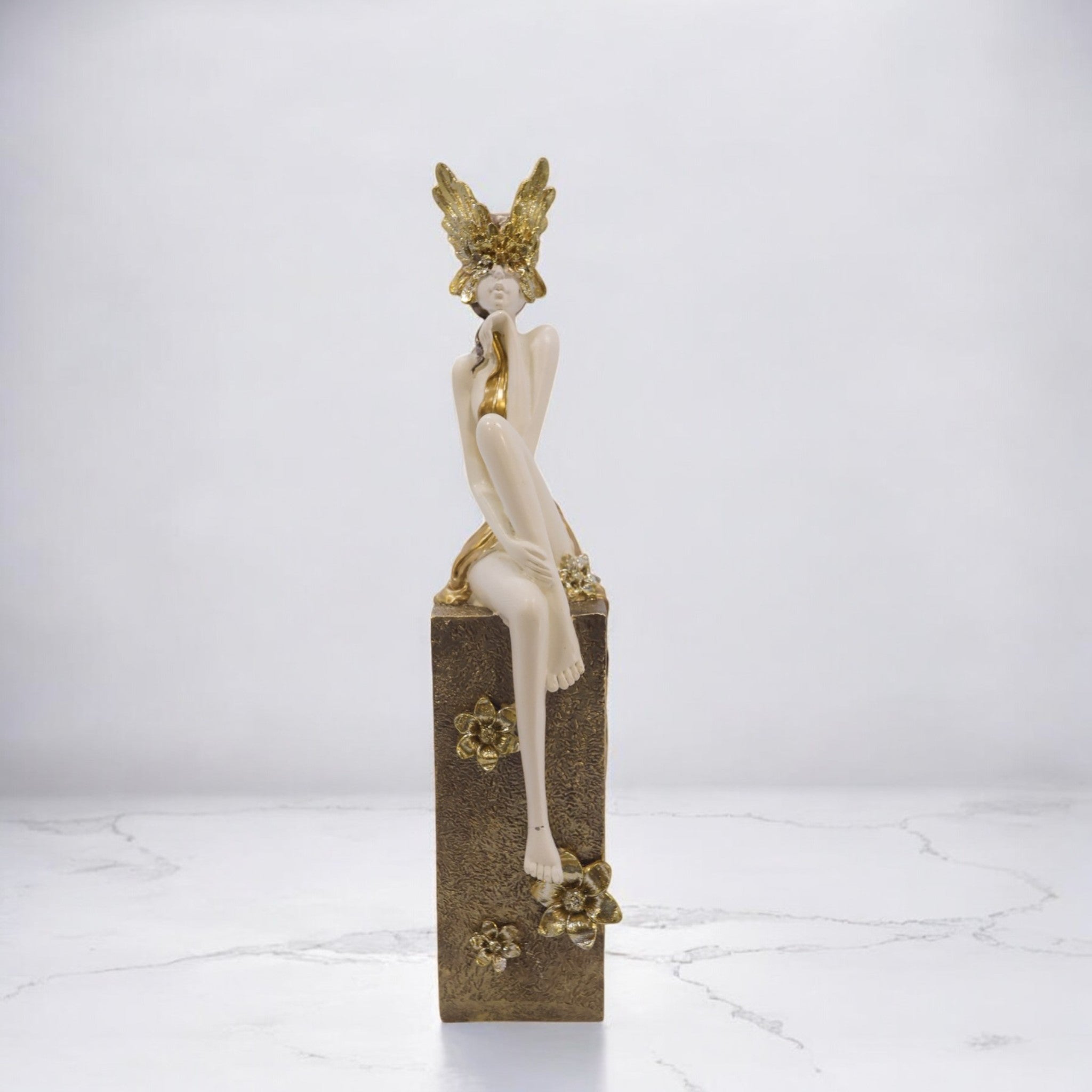 Elegant Lady Figurine Sculpture | White & Gold Art Statue | 39cm Modern Home Decor - Divine Dekor